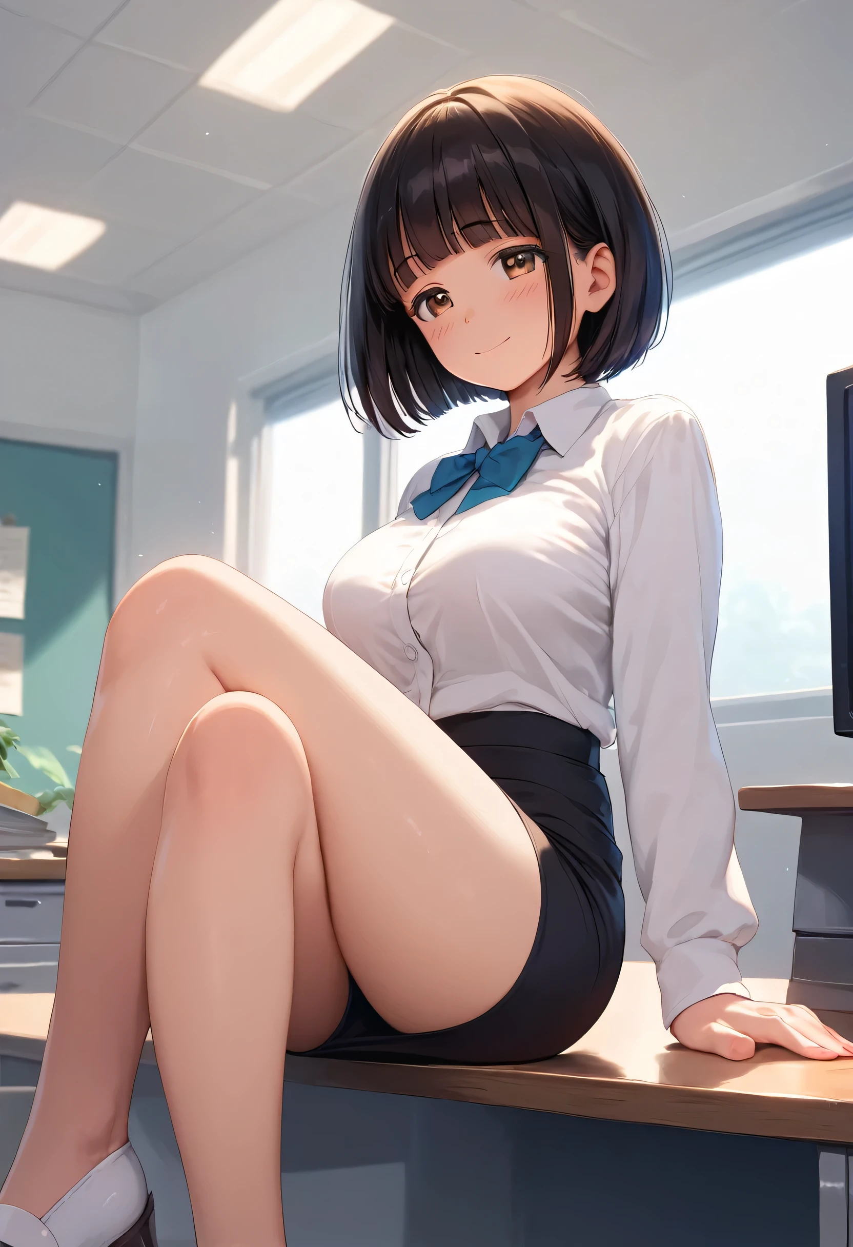 score_9,score_8_up,score_7_up,masterpiece,best quality, source anime, realistic, super detailed, extreme detailed, rating_safe,
1girl, sitting on desk, (cross legs), from below, (legs focus), looking down viewer,
BREAK girl, 22yo, short hair, bob cut, (blunt bangs), black hair, (tareme, detailed cute brown eyes), curled eyelashes, (large breasts:0.9),
shiny hair, beautiful detailed eyes, beautiful face,
white collared shirt, black tight mini skirt,
embarrassed, blush, seductive smile,
office, desk, file, monitor,
