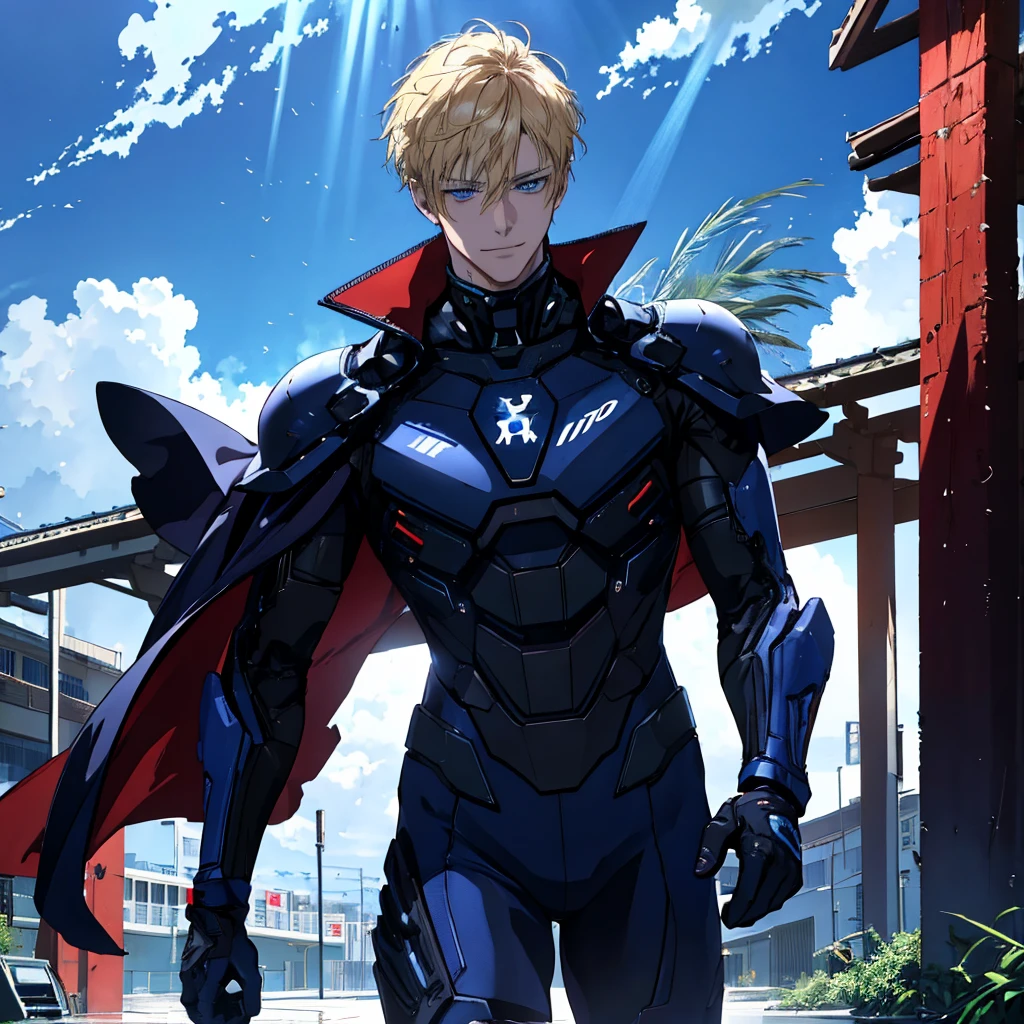 (((professional. highly detailed. HD. UHD. HDR. 16K. very high quality. clean. realistic anime. hyper realistic.))), 30 years old uncle, solo, toned body, smirk , hand on hip, looking to at the viewer, businessman haircut, short hair (blonde hair), deep Blue eyes, smirk, Caucasian, he wear a advanced cybersuit in dark blue , long red cape, red gloves, cowboy shot, crepuscular rays
