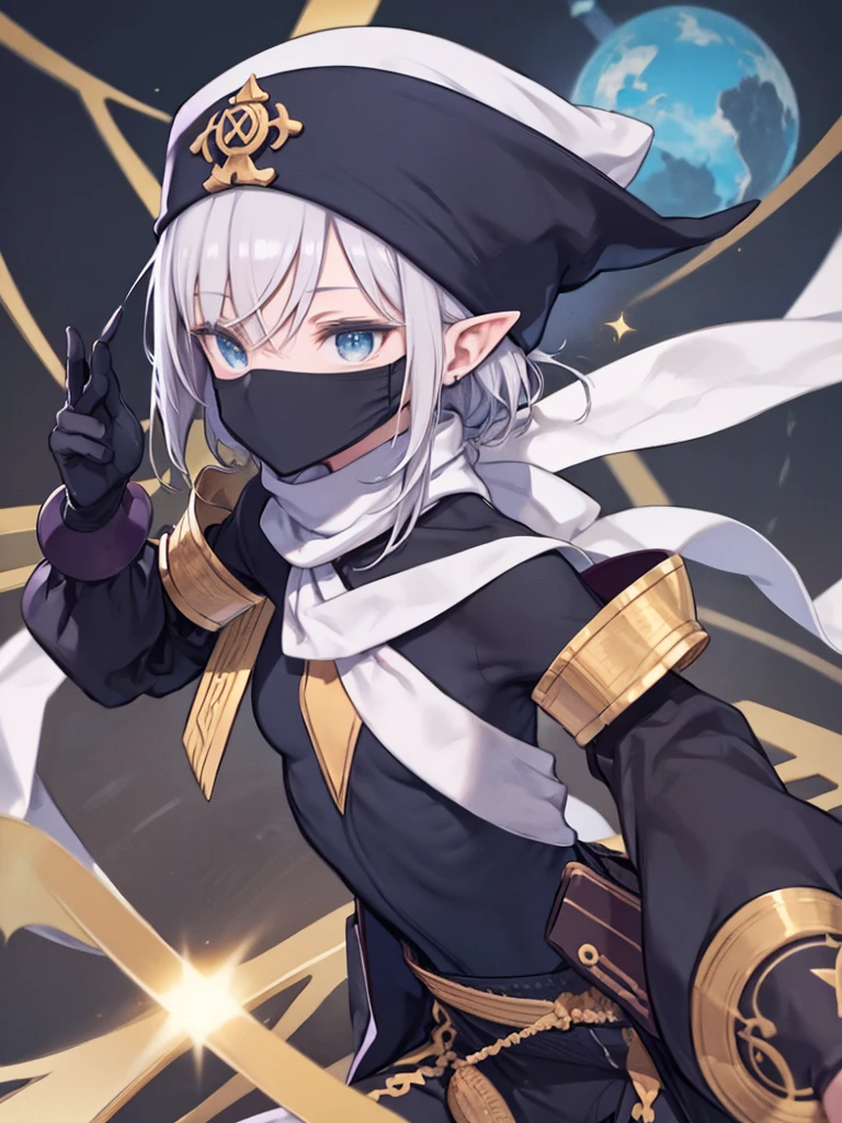 masterpiece, Highest quality, Roscheikh, turbaned, mask, scarf, Pointed Ears, Hair on one eye, Blue bodysuit, Surcourt, bandage, Leap, null, Dynamic pose