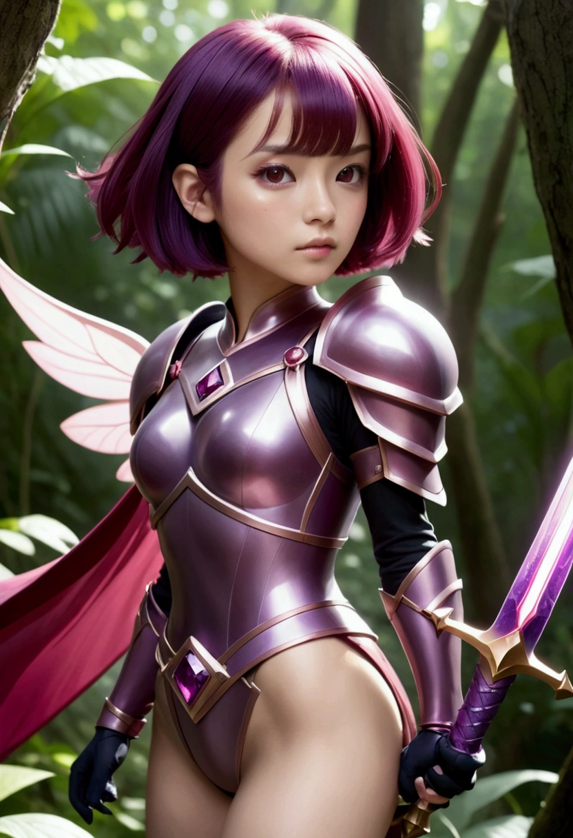 Has short pink hair and purple diamonds on her cheeks、Giant heroic princess, wearing purple armor、Holds a giant garnet sword, Accompanied by a small male fairy with short black hair, Crimson Wings, Bright red clothing, and shades, Go on an epic adventure