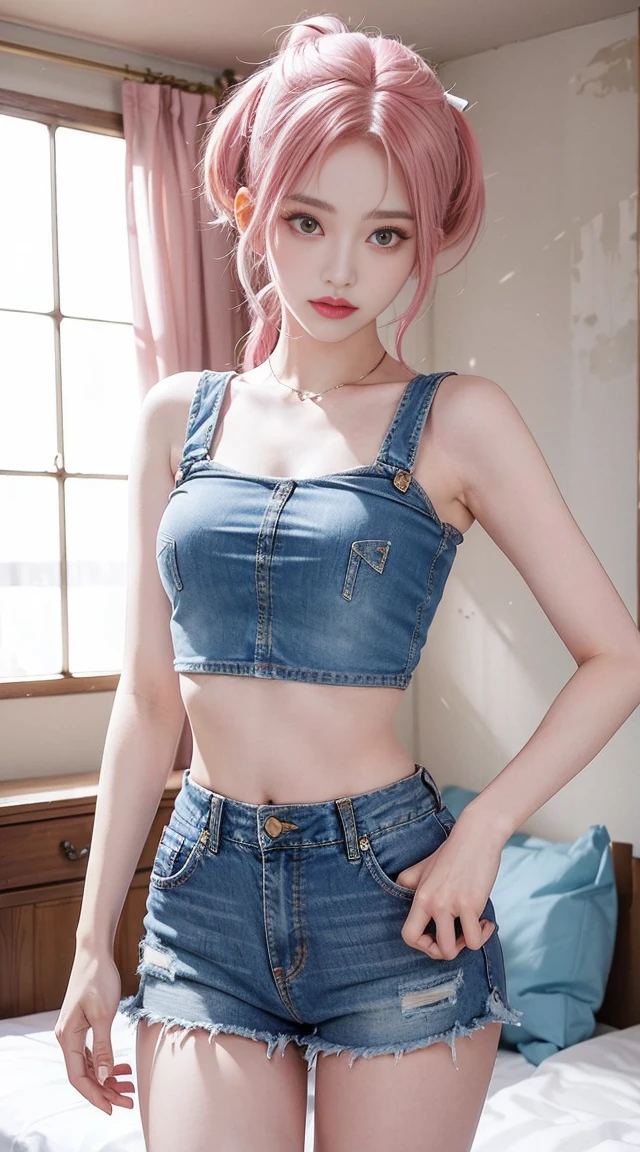 (masterpiece, best quality), 1 girl, Pink Hair, Crop Top, Denim shorts, bedroom, Thigh stripes,