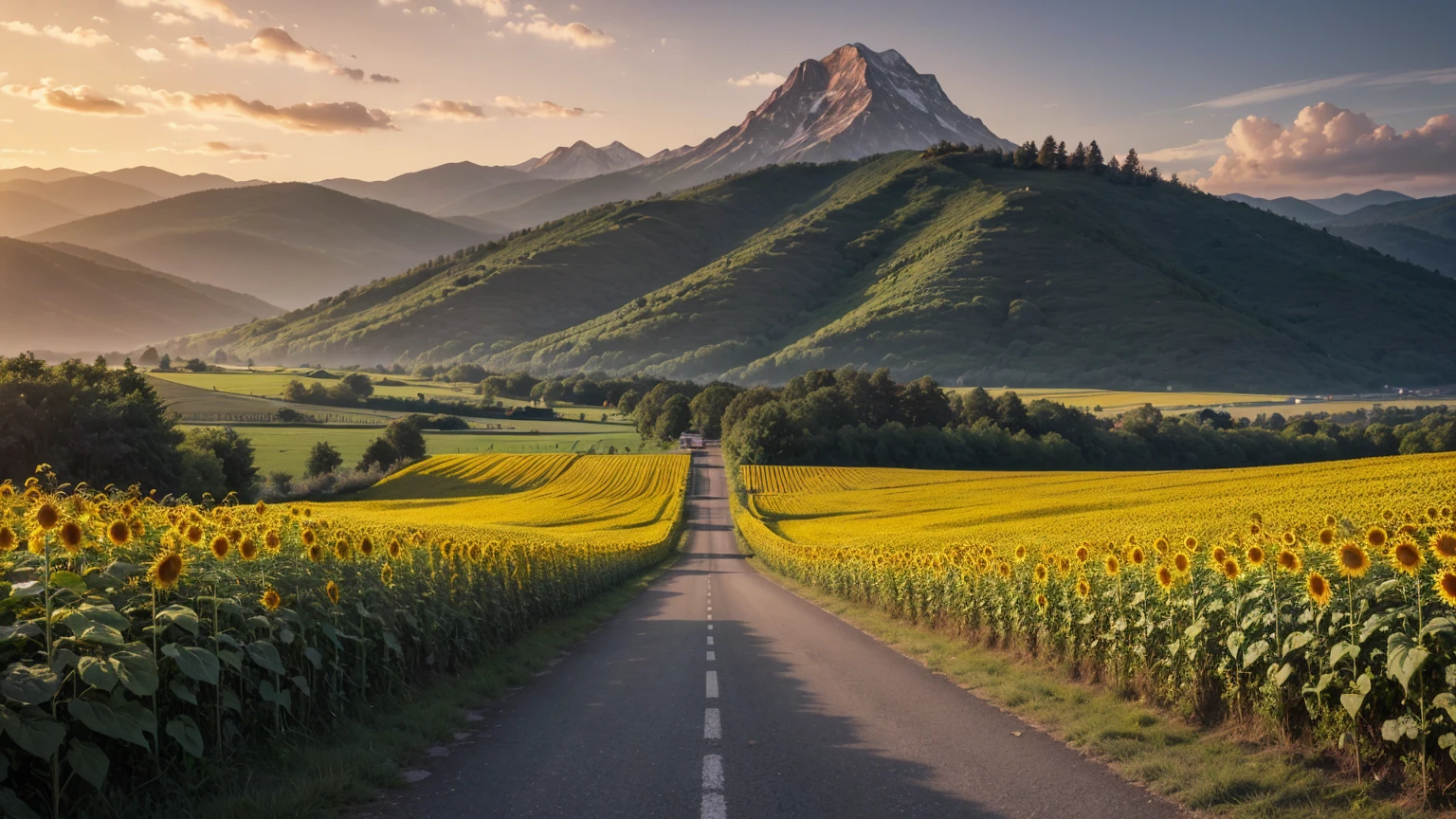 A serene landscape with a road leading from a field of sunflowers to a mountain illuminated by a golden sunset, symbolizing the path of life guided by God.