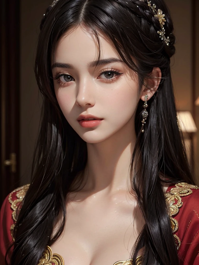 (best quality), (masterpiece), the most beautiful woman in the world, with brown hair, (beautiful:1.3), (attractive:1.3), elegant, (black hair:1.3), (intricate details:1.1), (hyperrealistic:1.2), (classic portrait), (vibrant:0.9)