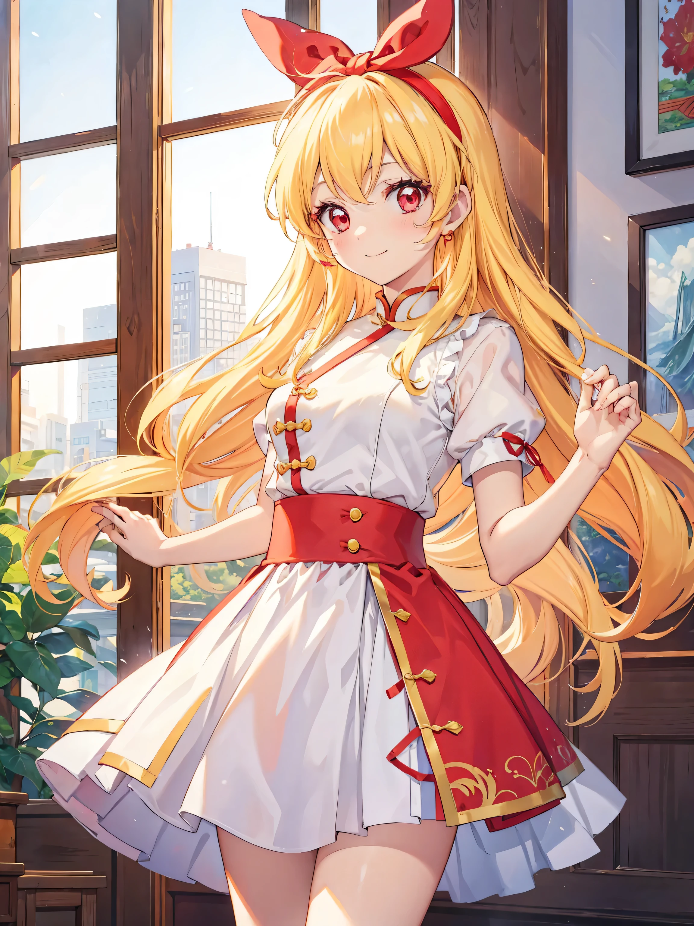 (RED Ribbon on HAIRband:1.2),an anime character wearing white shorts and white hair standing next to a painting, 1girl, double bun, solo, hair bun, chinese clothes, long hair, smile, Blonde hair, RED eyes, shampoo (ranma 1/2)Style, looking at viewer, dress,Shampoo Ranma,Ichigo Hoshimiya (Aikatsu!),china dress