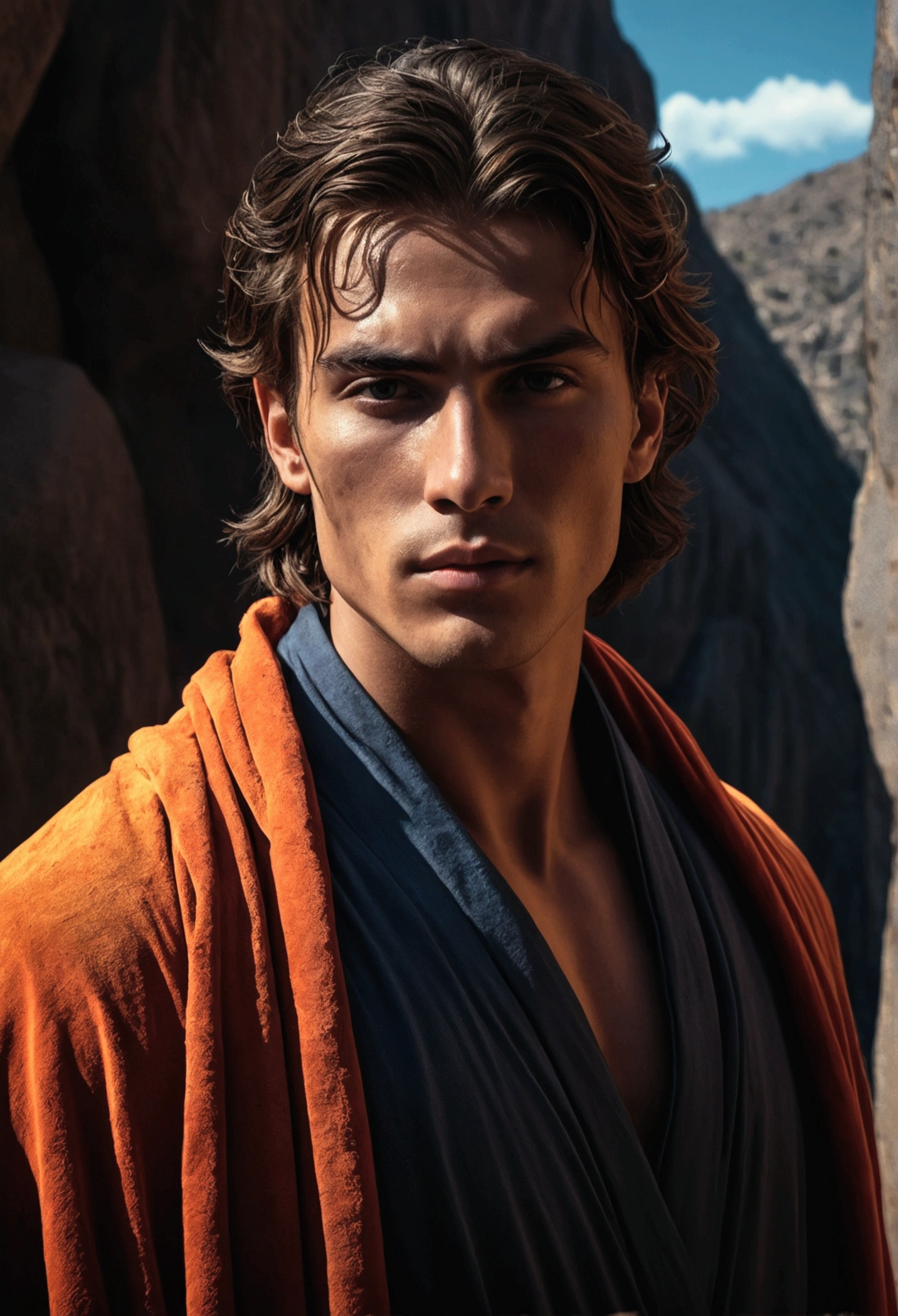 a beautiful mysterious young man, he wears a robe, he is a warrior, highly detailed face, sunburned skin, stony mountain background, dramatic lighting, cinematic, fantasy, dark and moody atmosphere, chiaroscuro, dramatic shadows, vivid colors, realistic, photorealistic, masterpiece, 8k, best quality