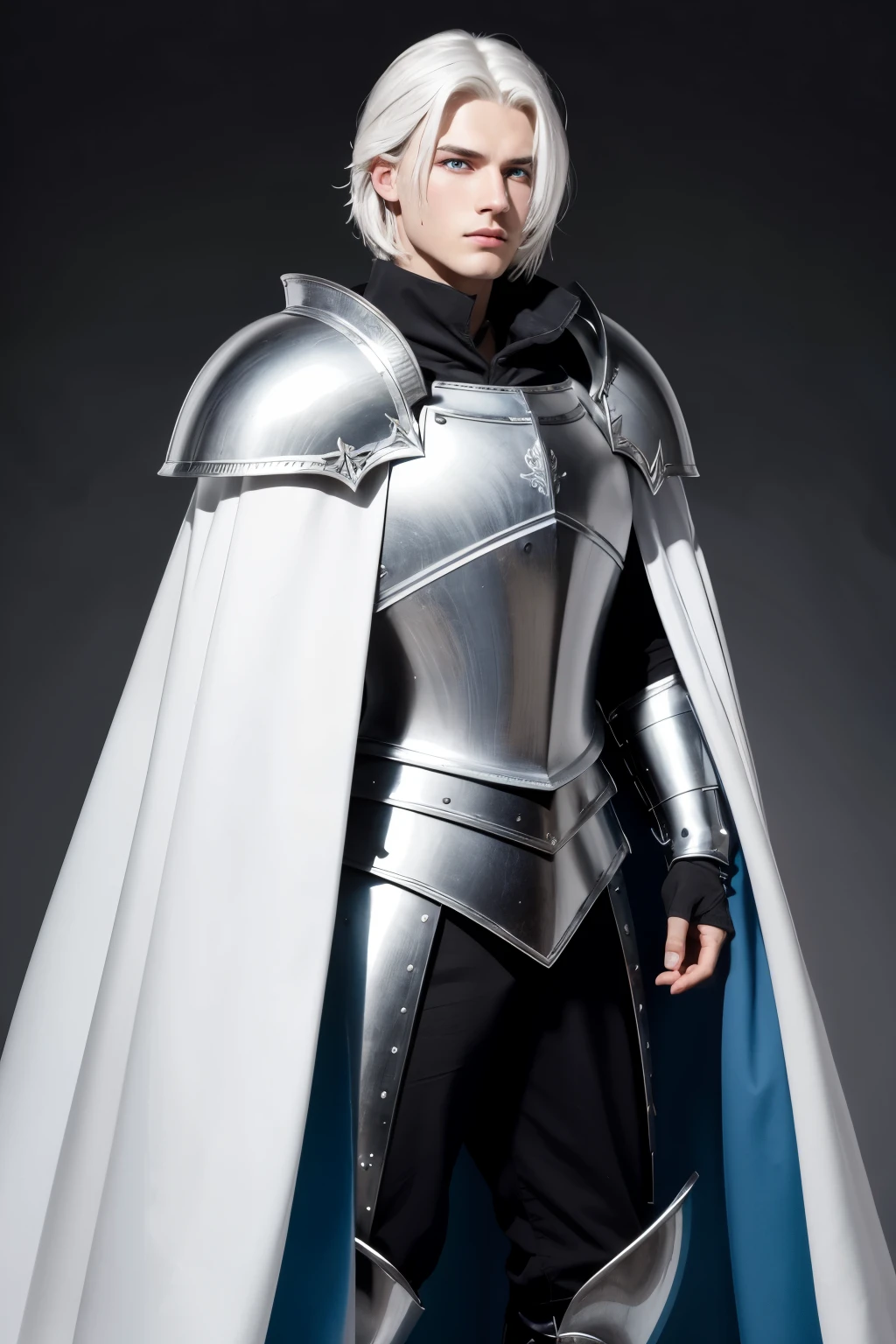A medieval male knight with 2 swords white hair blue eyes white eyebrows and eyelashes physical size of 1,85 black full body armor the armor has a cape that covers one of the shoulders and the black metallic part
