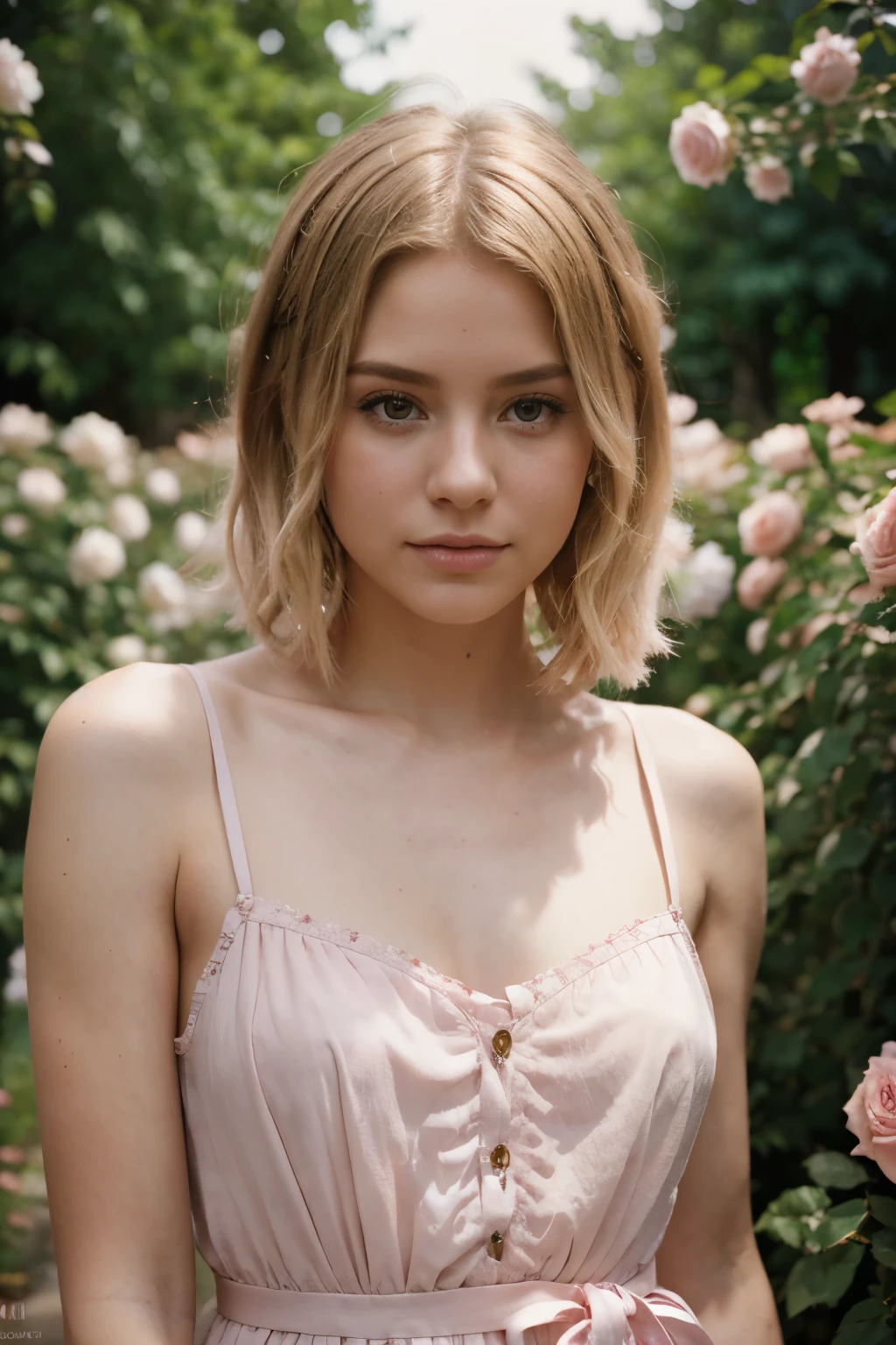 8k, RAW photo, Fujifilm, style photo of a beautiful young woman as avril in a garden of light pink roses (highly detailed skin: 1.2) Style-Petal BREAK short hair, blonde hair with colored locks, wearing a dress, film granulation, 35mm, cute style