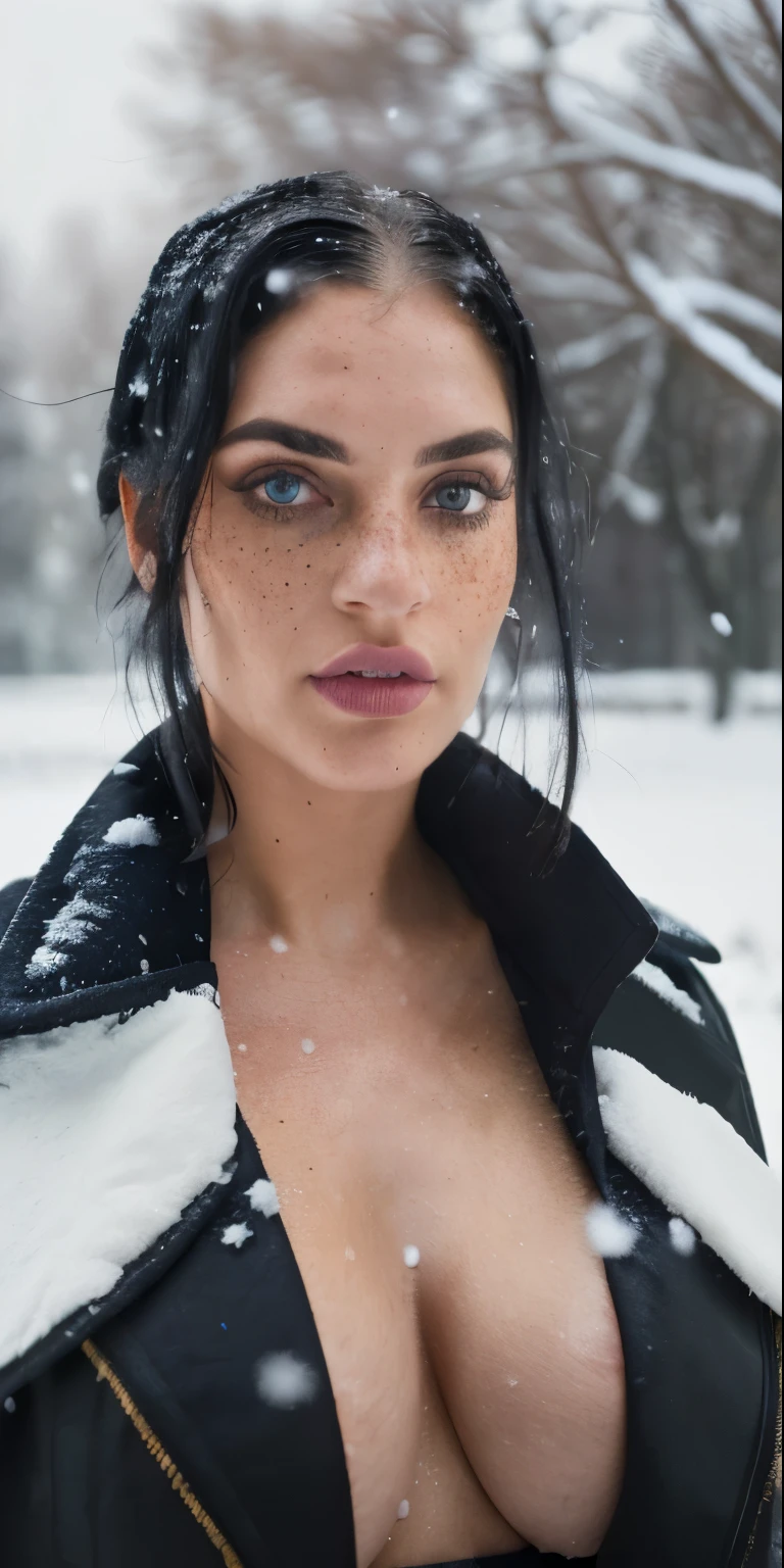 (best quality, hyperdetailed photography:1.2), beautiful lady, freckles, dark makeup, soft light, head and breast portrait, cover, (detailed beautiful face, detail skin texture, ultra-detailed body:1.1) ,((massive perfect breast)), ((snoopy breast:1.1)),((apocalyptic warrior:1.0)), strong body, red black hair, dark yellow eyes,,,,long open black coat, ((night snowfall)),