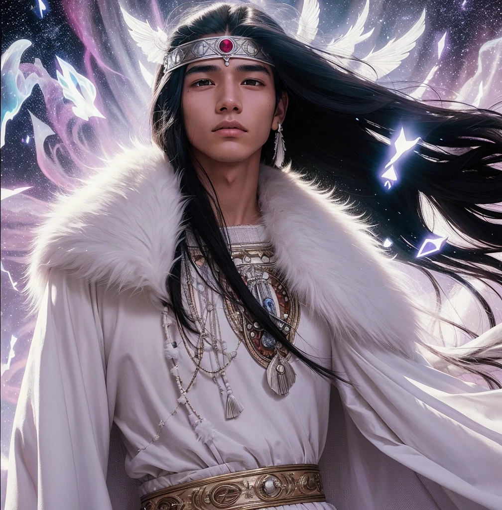 American classic comic book art: Very young man ethereal delicate young man, Native American, very black straight long hair, white native clothing dress, white fur collars, white blanket, white tiara on the forehead, mystical symbols, very young face, aurora borealis, emanating lilac and white energy, neck covered in fur white, long skirt light in the wind.
