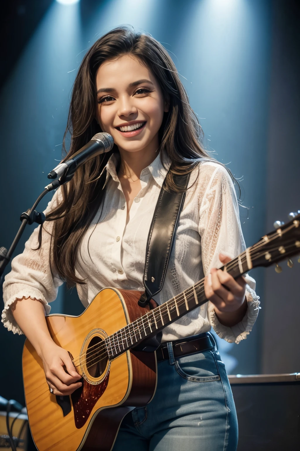 Brazilian, gospel singer, rock, courageous, envangelica, sleeve shirt, smiling and playing guitar