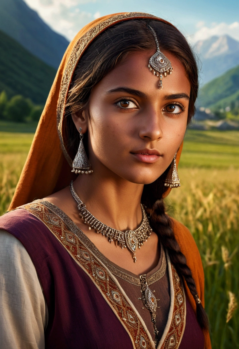 A young medieval woman, detailed brown eyes, long eyelashes, confident expression, tanned skin, mix of Indian and European features, wearing a tunic, in a field surrounded by mountains, she is a leader, confident woman, high quality, detailed, photorealistic, cinematic lighting, vibrant colors, fantasy art