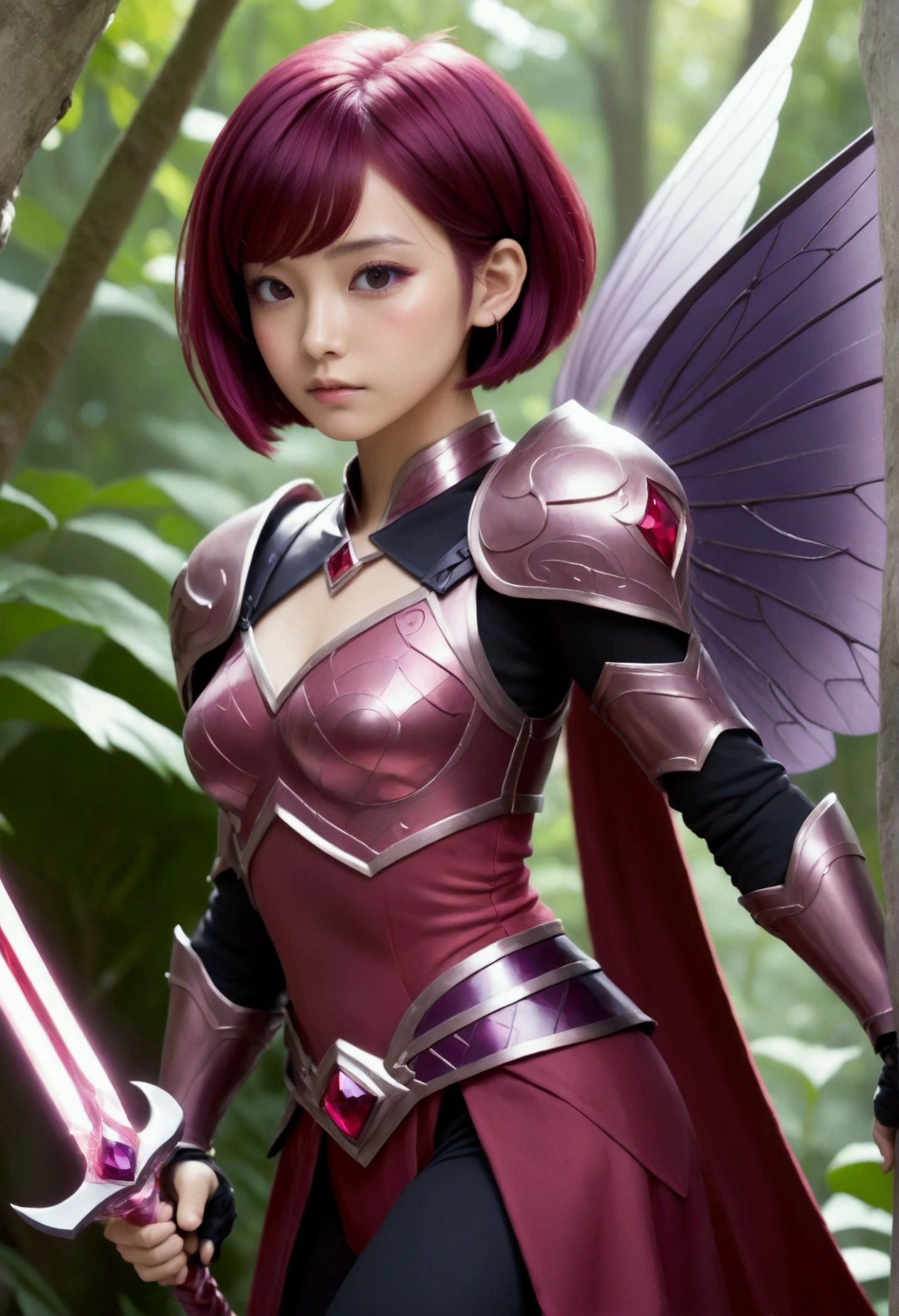 Has short pink hair and purple diamonds on her cheeks、Giant heroic princess, Wearing crimson armor、Holds a giant garnet sword, Accompanied by a small male fairy with short black hair, Crimson Wings, Bright red clothing, and shades, Go on an epic adventure