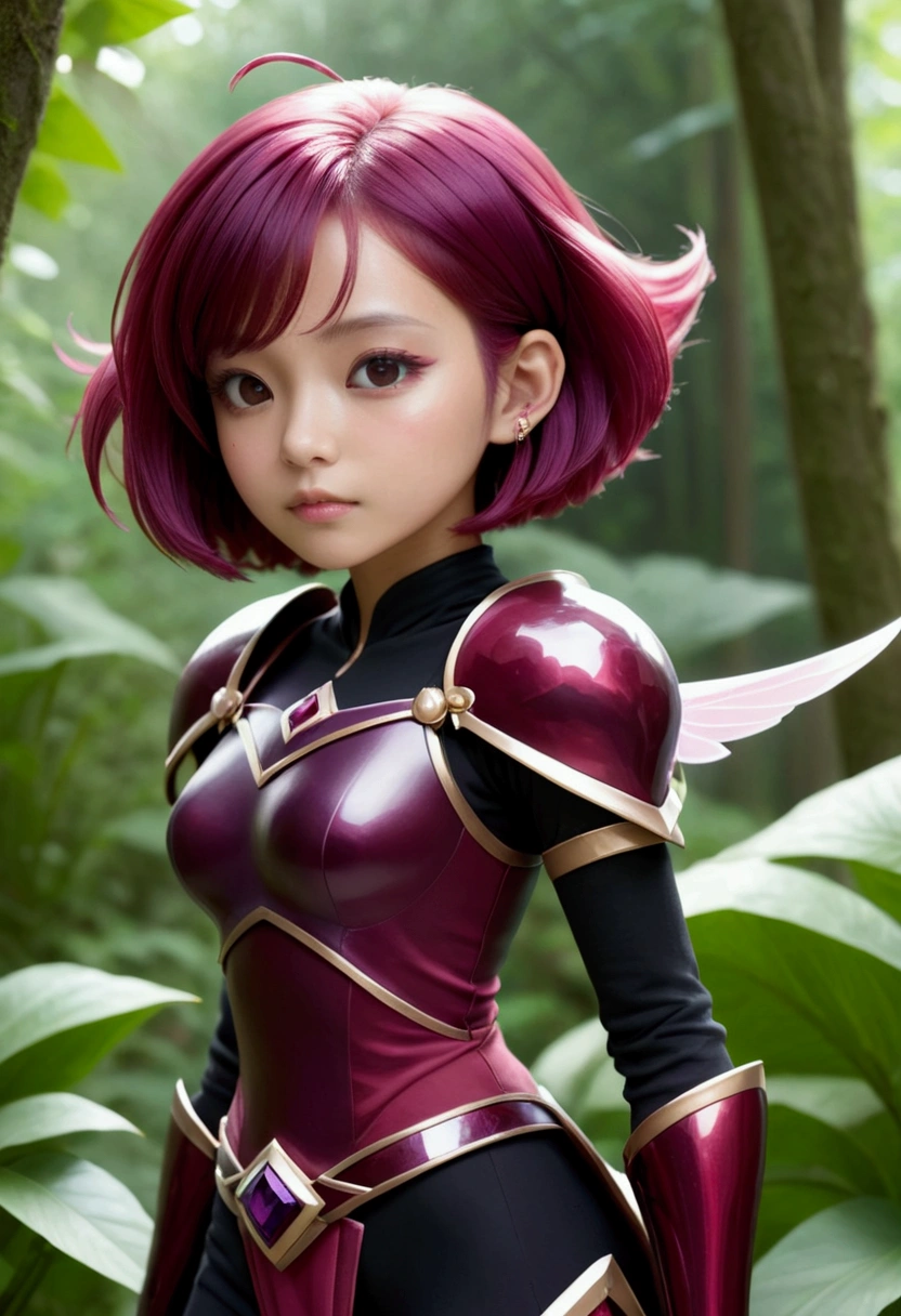 Has short pink hair and purple diamonds on her cheeks、Giant heroic princess, Wearing crimson armor、Holds a giant garnet sword, Accompanied by a small male fairy with short black hair, Crimson Wings, Bright red clothing, and shades, Go on an epic adventure
