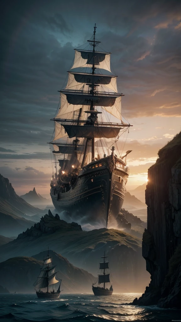 4 boats sailing in the ocean near a mountain with stairs, Epic fantasy novel cover art, 3D rendering and matte painting, Arcane Style Viking Battleship, matte painting movie poster, symmetrical epic fantasy art, high dark fantasy painting, an epic fantasy, high fantasy art film poster, amazing exquisite matte painting, dark fantasy painting, blue viking ship, red viking boat, yellow viking boat, black viking boat