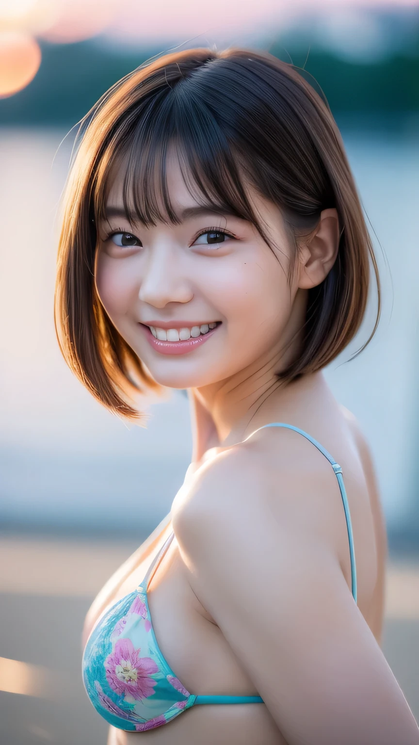 8k, (超Realistic: 1.35), (Realistic: 1.4), Beautiful Japanese Girl, smile, one person, light makeup, masterpiece, 超High resolution, High resolution, one person, Sexy lingerie and micro bikinis、 puberty, one personの少女, ((Perfect body)), ((Best image quality)), ((time)), ((Very delicate and beautiful)), ((Very shallow depth of field)), Hmph, ((Incredibly shallow depth of field. family friendly)), (((Very delicate and beautiful))), (((Very shallow depth of field))), Hmph, (((Unbelievably absurd))), (((Perfect body))), (((Looking at the camera)))), (((Normal size breasts))), (((Serious face))), (((Hair can be long or short))), myself+background, Dynamic Angle, Focus on women, {Particles of light}、 Detailed background、((Paul Hedley))、Soft lighting、(dramatic)sunset、sunset、Very beautiful sunset、Live Action、Genuine、Top Angle、cute smile、(Background blur)、18-year-old、thin、((wind))、((Movement))、((emotion))、((colorful))、(())、((Beautiful Teeth))、Calm sea background。