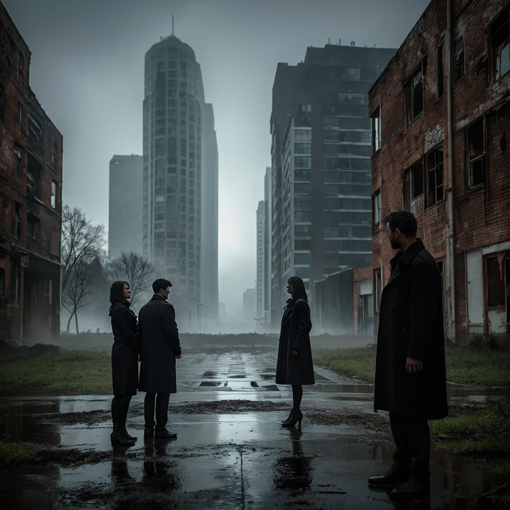 The photograph shows two people, a man and a woman. They stand against the backdrop of a gloomy abandoned building surrounded by mystical fog. A man in a black coat holds an old photograph, while a woman looks at him with an expression of vague curiosity. The shadows falling on their faces create mysterious contrasts. The photograph seems to have been ripped from the plot of a forgotten horror film.