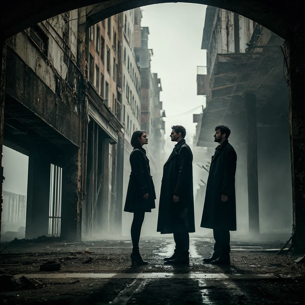 The photograph shows two people, a man and a woman.  They stand against the backdrop of a gloomy abandoned building surrounded by mystical fog.  A man in a black coat holds an old photograph, while a woman looks at him with an expression of vague curiosity.  The shadows falling on their faces create mysterious contrasts.  The photograph seems to have been ripped from the plot of a forgotten horror film.