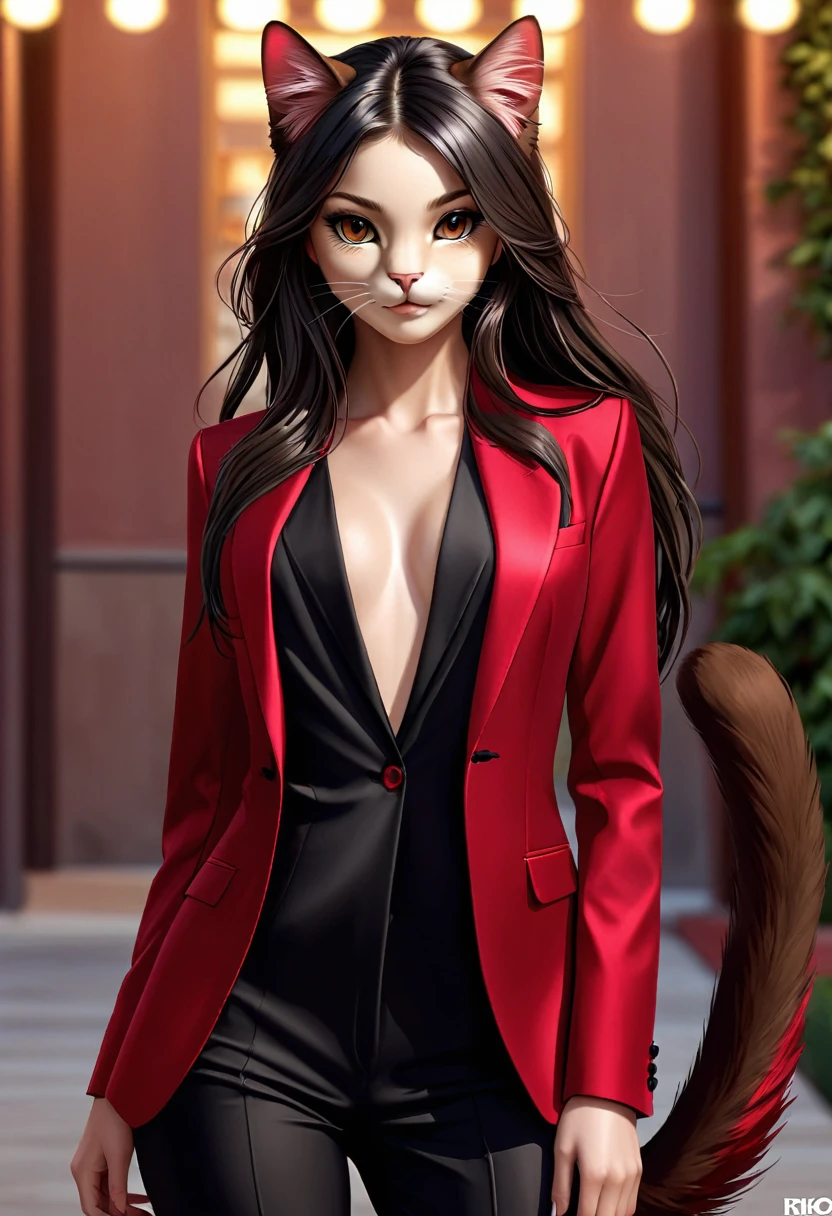 Reko is a beautiful female cat. She has brown eyes. She has long black hair with red roots, a brown tail with light colored tips. She has a beautiful cat face and she has a brownish fur. She wears a sexy red suit. Photorealistic style