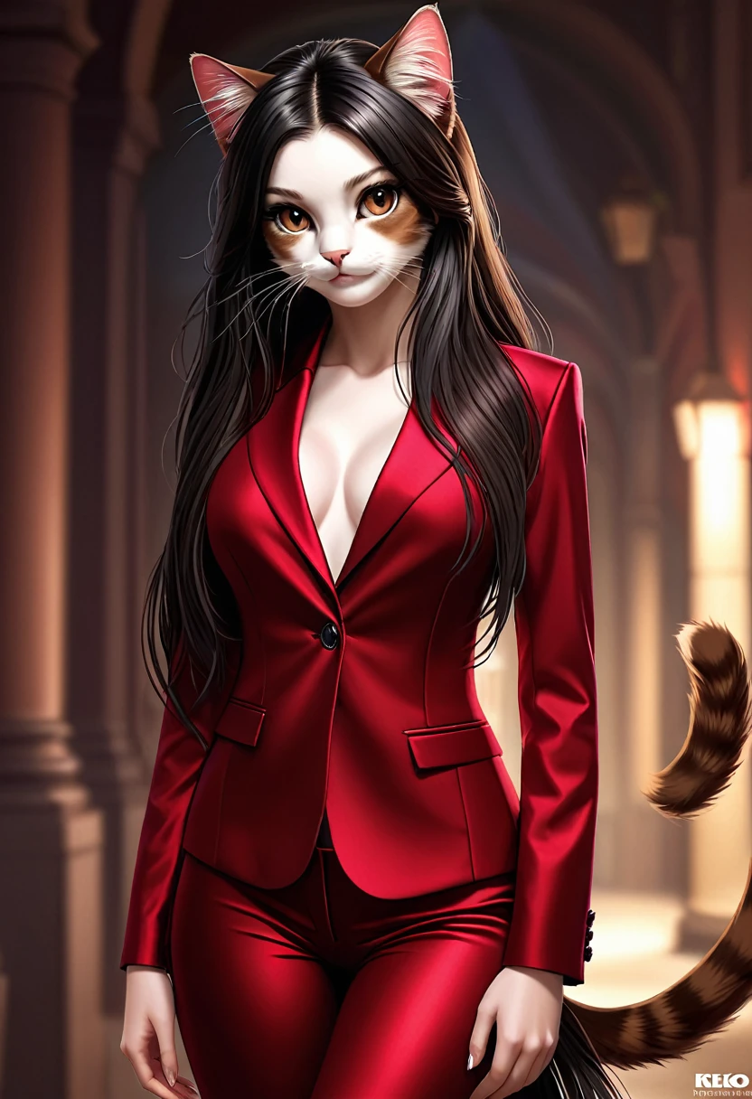 Reko is a beautiful female cat. She has brown eyes. She has long black hair with red roots, a brown tail with light colored tips. She has a beautiful cat face and she has a brownish fur. She wears a sexy red suit. Photorealistic style