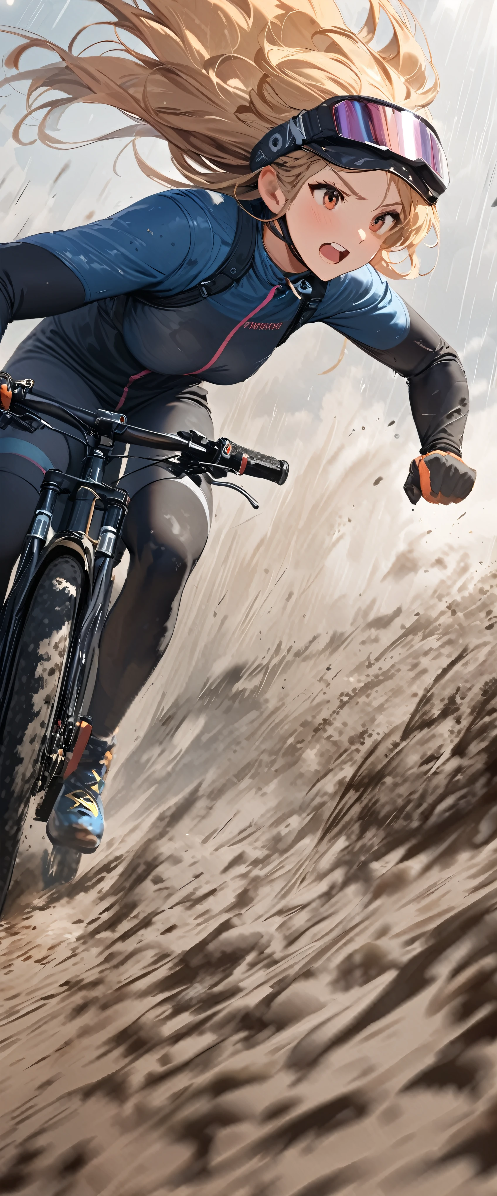 quality\(masterpiece, best quality,8k,wallpaper of extremely detailed CG unit,hight resolution,top-quality,top-quality real texture skin,hyper realisitic,increase the resolution,RAW photos,best qualtiy,highly detailed,the wallpaper\), BREAK ,solo,1girl\(on mountainbike\(motion blur:1.2\), (downhill:1.4), running down dangerous cliff, rider, downhill outfit\(full face helmet, mud stains, protector, visor,Goggle\(Prism Spectre reflections\)\),blonde,long hair,floating hair, (dynamic action:1.7)\), BREAK ,background\(nature, lightly overcast sky, sunlight coming between clouds ,heavy rain, mud, dust,\), (dynamic angle:1.6),(longshot:1.3),(wide shot:1.3), landscape: