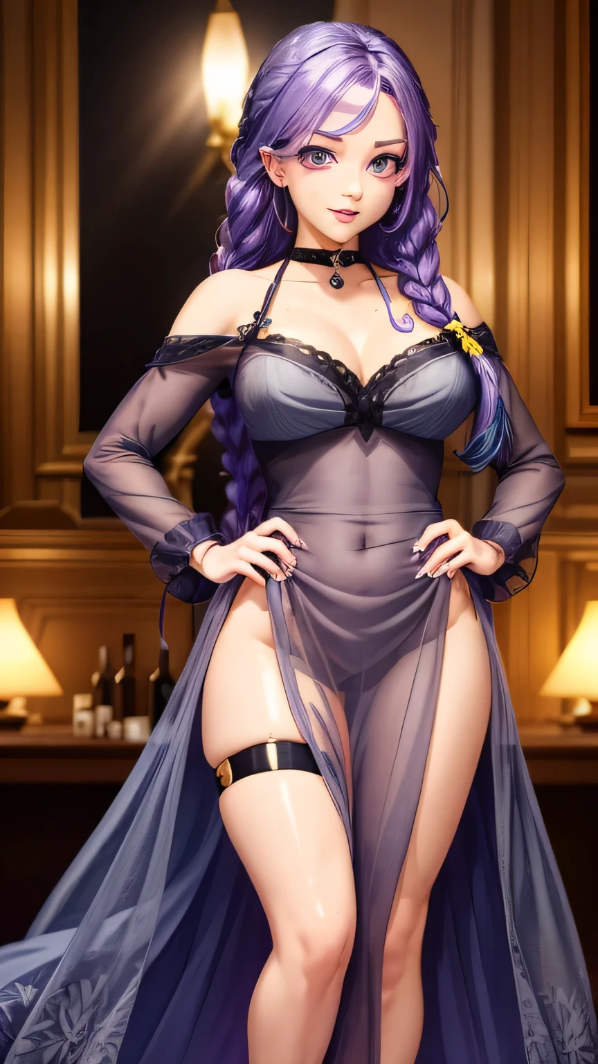 A young woman with (long lavender colored hair with a single braid accent),(grey colored eyes),(youthful freckles over nose), (anime) in bar, (choker necklace), very long floral sheer gown,(mischievous troublemaker), (sh44r) ,(bar setting). (best quality, 4k, highres, masterpiece:1.2), (ultra-detailed), (realistic, photorealistic:1.37), (vivid colors), (portrait), (bokeh), (soft lighting) full body photo