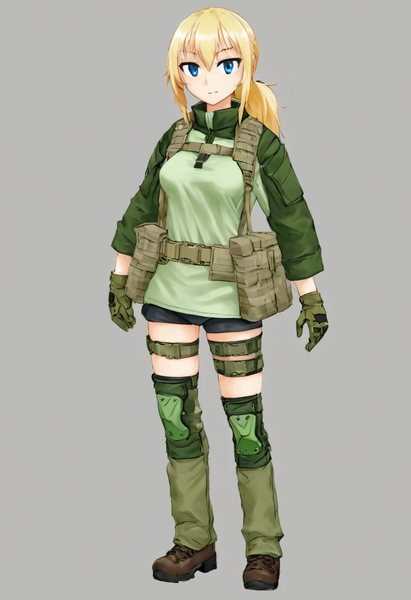 Vesna, blond, blue eyes, ponytail hairBikini, green knee pads, loose green gaiters, gloves, brown shoes, tactical gear,