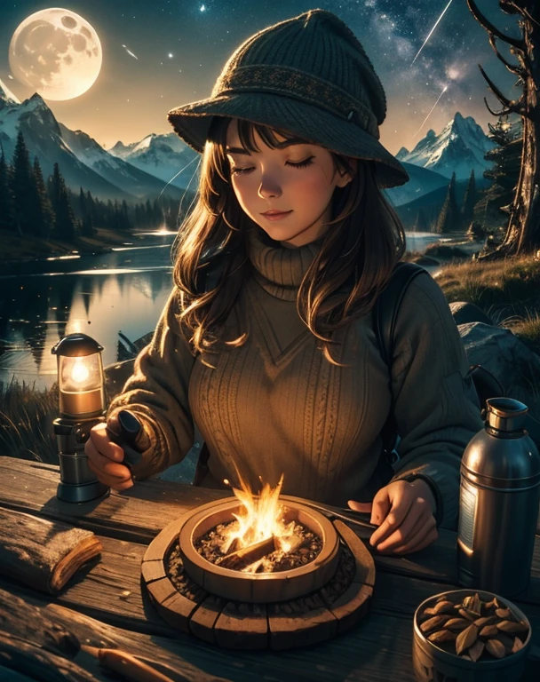 1 woman((upper body selfie, happy)), masterpiece, best quality, ultra-detailed, solo, outdoors, (night), mountains, nature, (stars, moon) cheerful, happy, backpack, sleeping bag, camping stove, water bottle, mountain boots, gloves, sweater, hat, flashlight, forest, rocks, river, wood, smoke, shadows, contrast, clear sky, analog style (look at viewer:1.2) (skin texture) (film grain:1.3), (warm hue, warm tone)