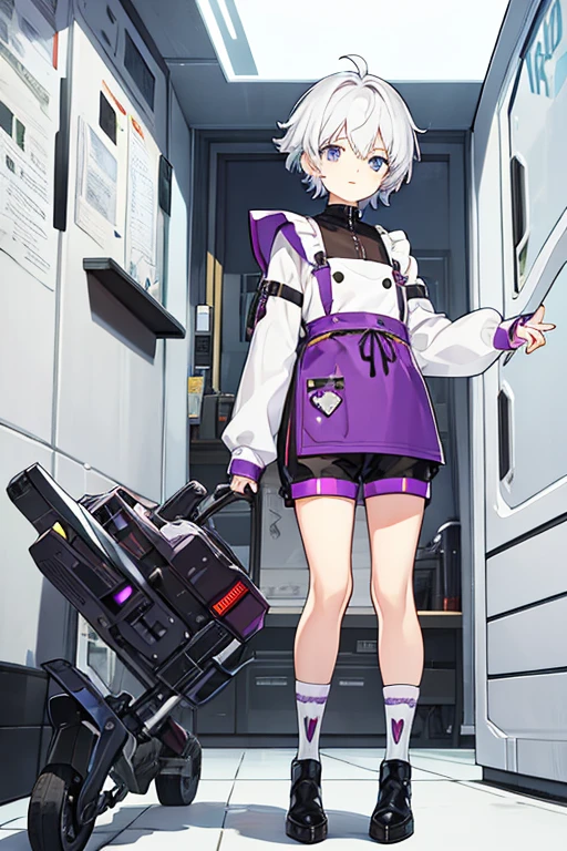  man, short white hair with a purple fringe, robotic left hand, Leather apron, shorts negros, herrero