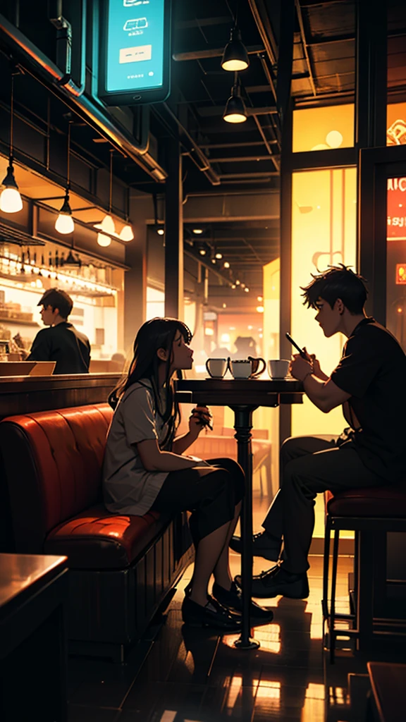 A young couple is sitting inside a cafe. The girl is wearing short clothes. Colorful lights are burning in the cafe. Moody color, Sharpness