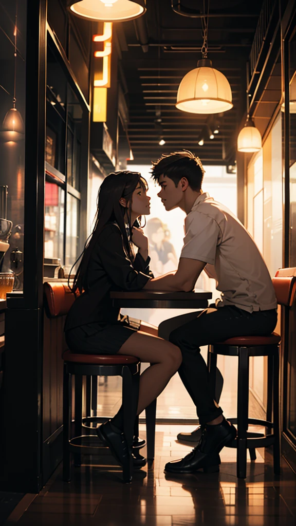 A young couple is sitting inside a cafe. The girl is wearing short clothes. Colorful lights are burning in the cafe. Moody color, Sharpness 
