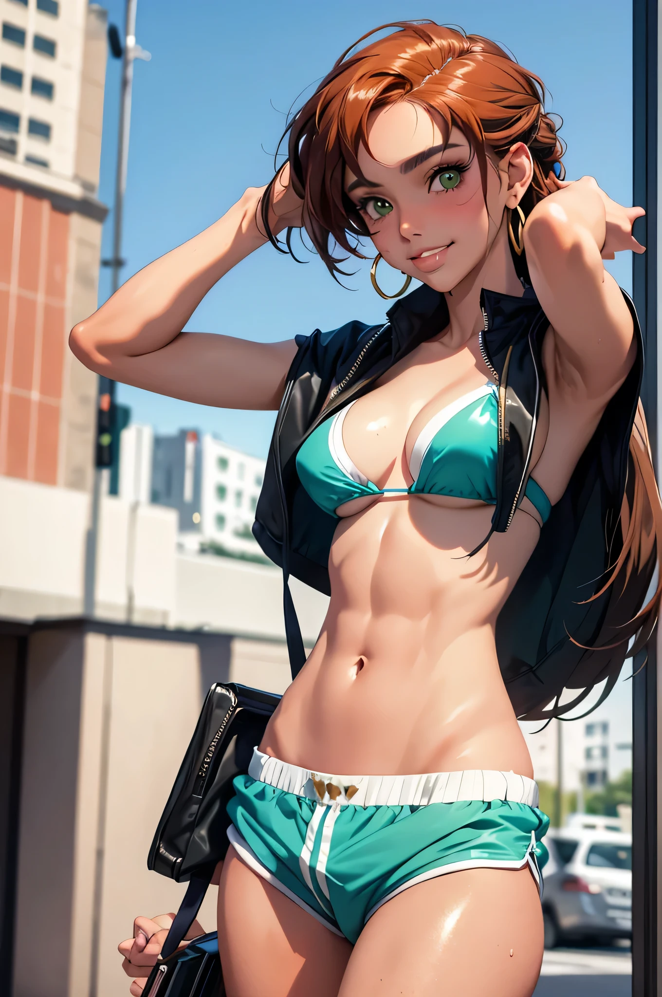 1girl,a beautiful fashion model ,(masterpiece, detailed background, best quality), elegant makeup, hoop earrings, seductive smile, oral invitation, ear blush, full blush, 8k, super detail, accurate, best quality, award winning, best quality, 1080P, 4K, textured skin, slutty outfit, abs, ((tan skin, shiny skin)), hair, cute face, girl wearing bikini top and shorts, visible thong straps slender, athletic, slim, abs, blush, (girl holding gun, secret agent, undercover agent,), green eyes, action pose