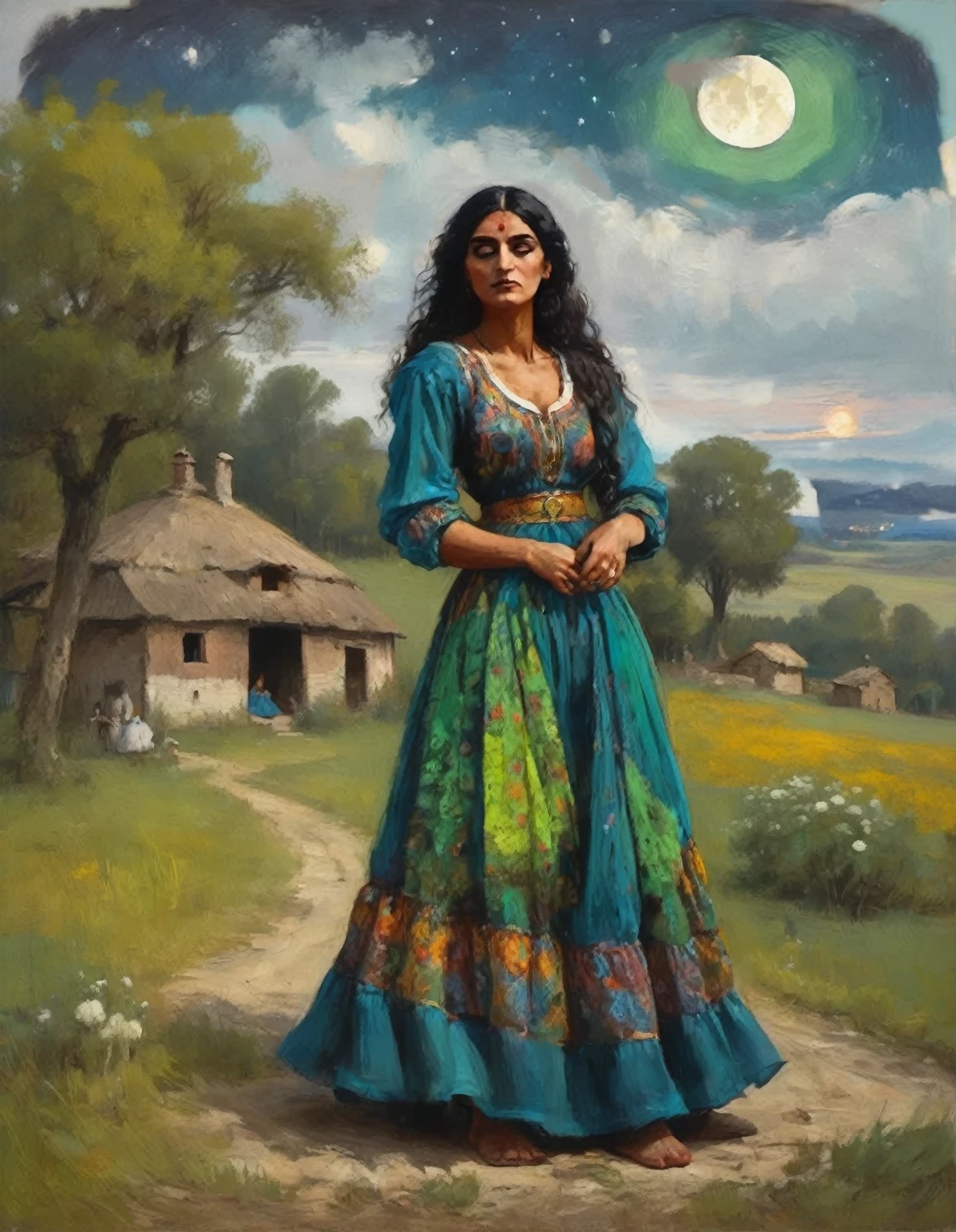 centered oil painting with panoramic view of a night landscape, full moon night, with a rustic house in the background, full length of a beautiful gypsy girl in a dark blue and green dress (4:8), acentuade collors, walking in front of a house, Night sky with full moon, night shadows,Magnificent oil painting, Art station style, fantasy art style by Abigail Larson, high détail, 8k, mid-journey style