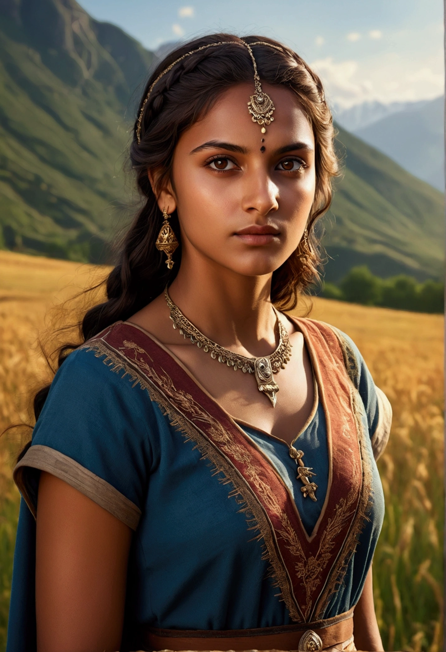 A young medieval woman, detailed brown eyes, long eyelashes, confident expression, tanned skin, mix of Indian and European features, wearing a tunic, in a field surrounded by mountains, she is a leader, confident woman, high quality, detailed, photorealistic, cinematic lighting, vibrant colors, fantasy art