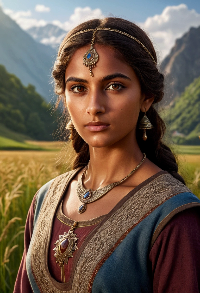 A young medieval woman, detailed brown eyes, long eyelashes, confident expression, tanned skin, mix of Indian and European features, wearing a tunic, in a field surrounded by mountains, she is a leader, confident woman, high quality, detailed, photorealistic, cinematic lighting, vibrant colors, fantasy art