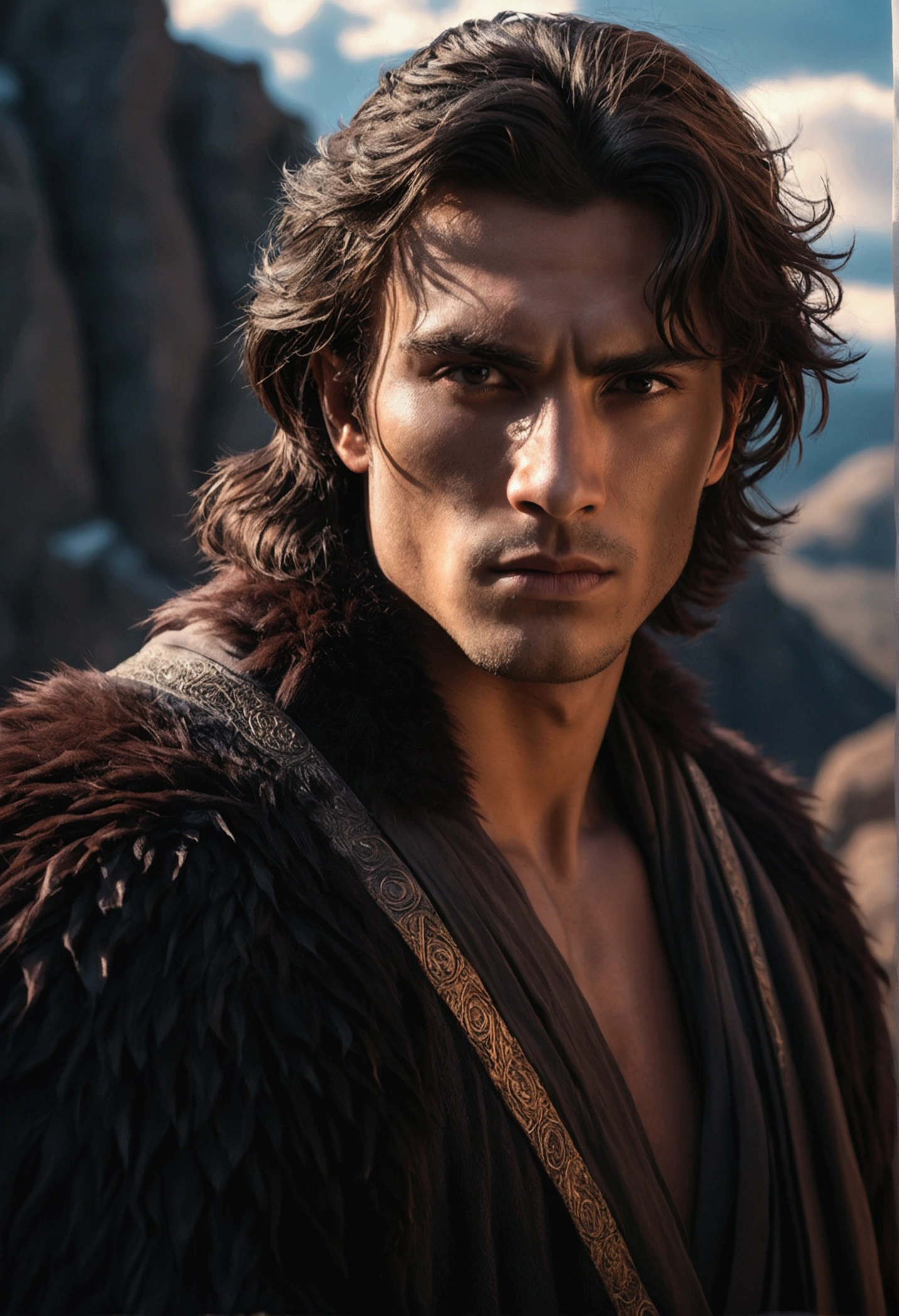 a beautiful young mysterious man warrior with dark fur, he wears a robe, he is a warrior, highly detailed face, sunburned skin, rocky mountain background, dramatic lighting, cinematic, fantasy, dark and moody atmosphere, chiaroscuro, dramatic shadows, vivid colors, realistic, photorealistic, masterpiece, 8k, best quality