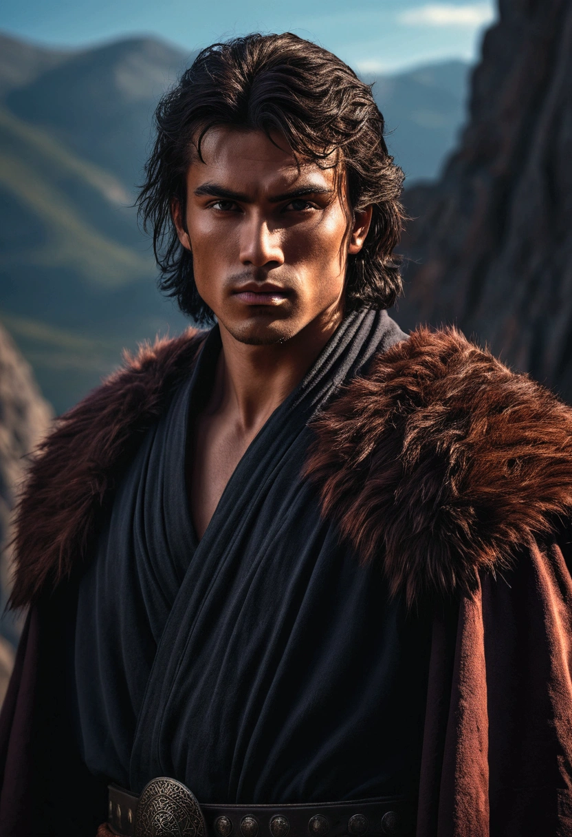a beautiful young mysterious man warrior with dark fur, he wears a robe, he is a warrior, highly detailed face, sunburned skin, rocky mountain background, dramatic lighting, cinematic, fantasy, dark and moody atmosphere, chiaroscuro, dramatic shadows, vivid colors, realistic, photorealistic, masterpiece, 8k, best quality
