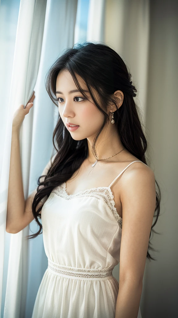 (This is a very delicate and beautiful piece.), (masterpiece), Highest quality, Beautiful face, Full of tension, bright, Close-up by Paul Hedley, Classicism style, White Background, Beautiful maiden, girl, Long legs, Narrow waist, Full body photo, Black Hair, Curly Hair, Shining Jewelry, Iris, Long eyelashes, Wear a dress, Backlight, ticket, Gauze Curtain, movie-like texture