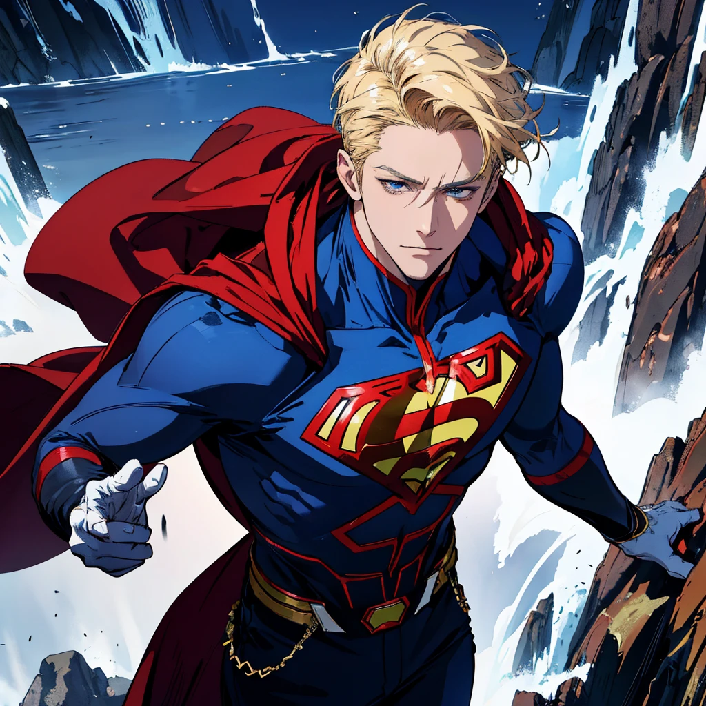 (((professional. highly detailed. HD. UHD. HDR. 16K. very high quality. clean. realistic anime. hyper realistic.))), American 30 years old uncle, solo, toned body, smirk , hand on hip, looking to at the viewer, (businessman haircut) , short hair (blonde hair), deep Blue eyes, smirk, Caucasian, he wear a advanced superman suit in dark blue , long red cape, red gloves, cowboy shot, modern style, (white background)