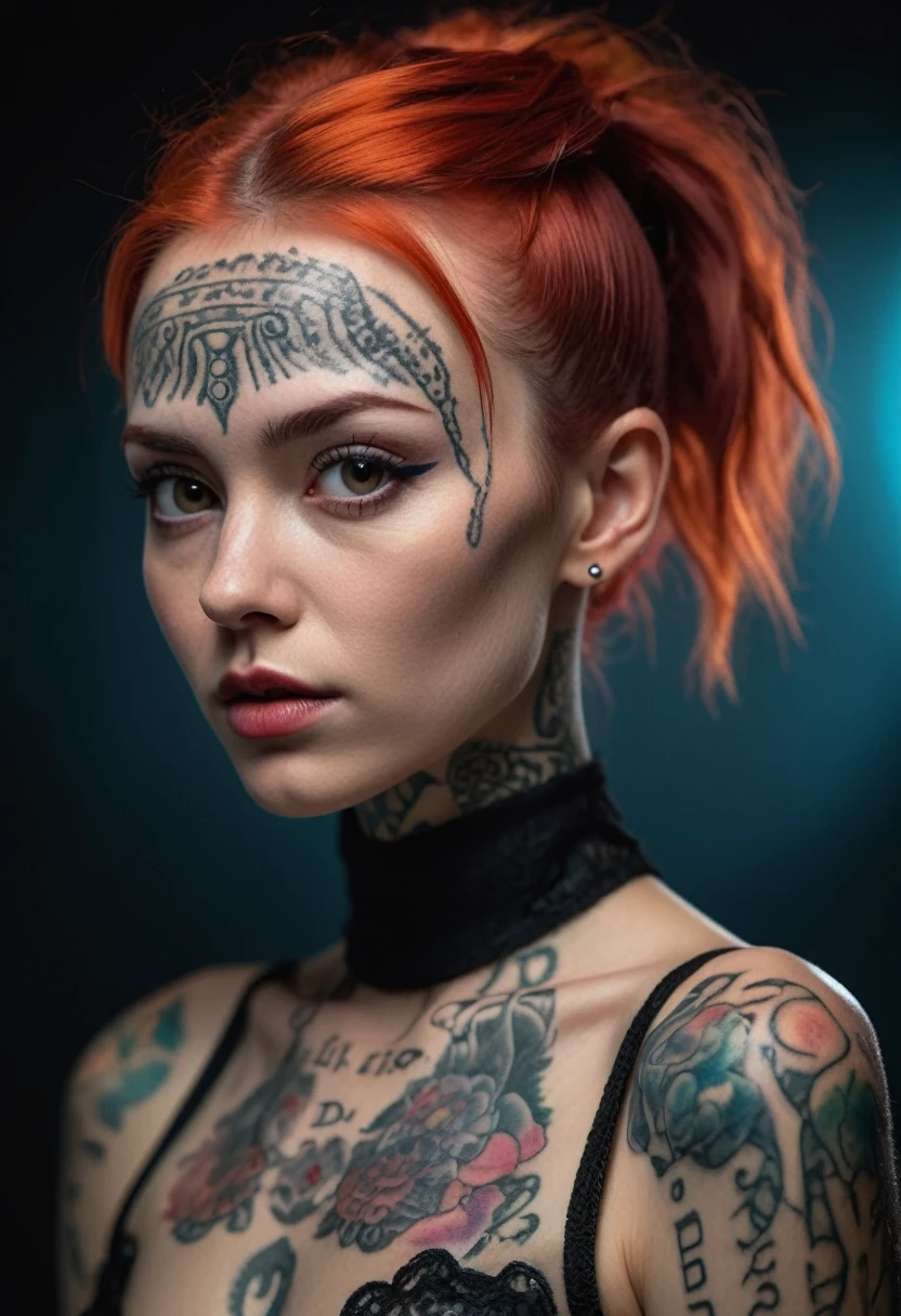 Best Quality, Ultra-High Definition, 8K Resolution, 32K Resolution, Masterpiece, High Detail, Ultra-Detailed, Photorealistic, Hyper-Realistic, Extremely Detailed, shot on Nikon D850, High Fidelity, Crisp Details, Sharp Focus, Realistic Textures, Intricate Details, Highly Detailed Eyes, Realistic Skin Texture, Beautiful photograph, intricate details, full body shot of a Icelandic woman, age 32, skinny, small breasts, with cyberpunk hairstyle features clad in a intricate skintight lace outfit, real spell tattoos, facing the camera, vivid colors, a mesmerizing blend of light and shadow, unique natural textures, vivid lipstick, expressive body language, fierce attitude, strong jawline, rock music vibes ,seductive, sharp eyebrow arches, dark nail polish, confident posture, sensual movements, smoky atmosphere curious, skilful,