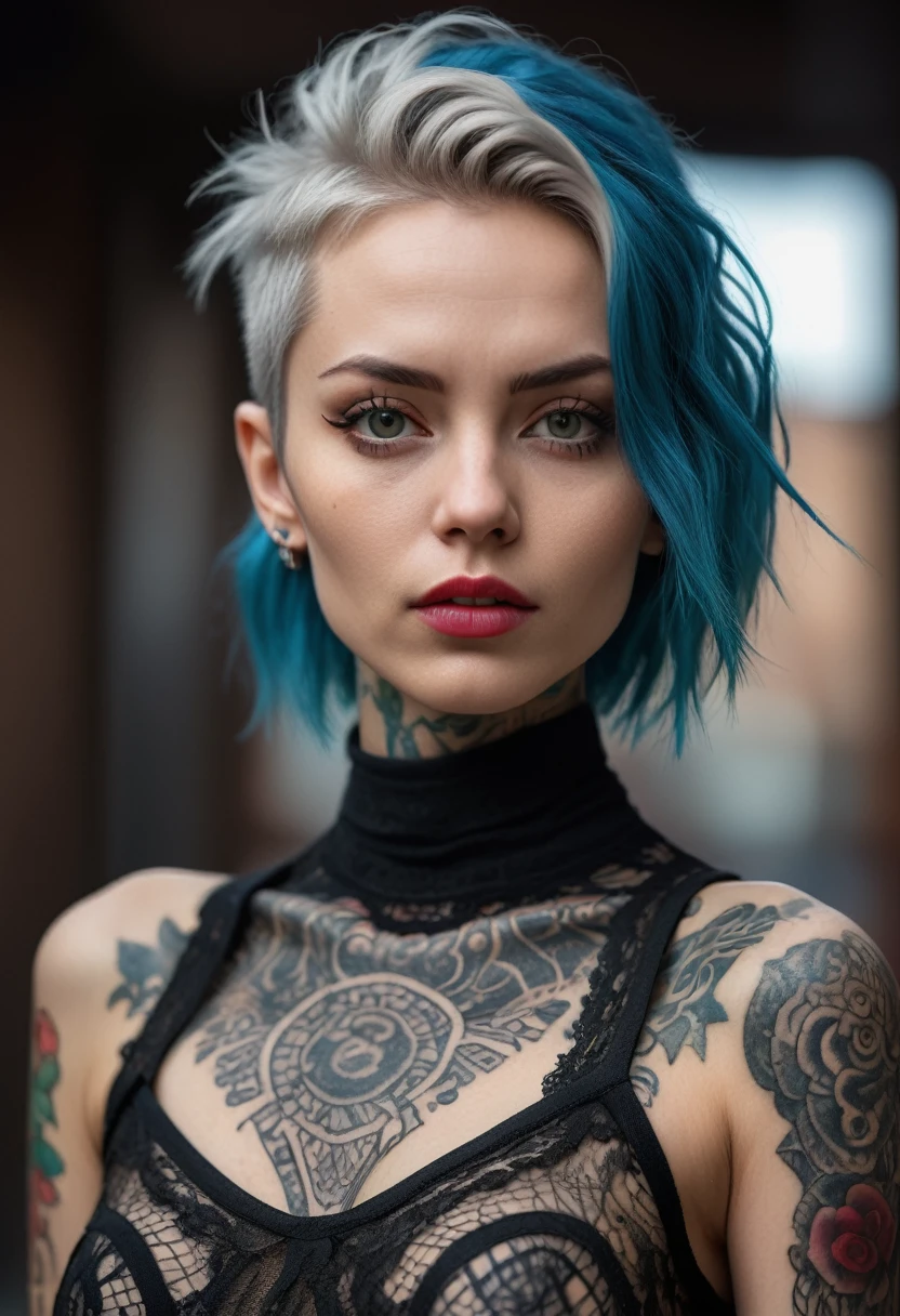 Best Quality, Ultra-High Definition, 8K Resolution, 32K Resolution, Masterpiece, High Detail, Ultra-Detailed, Photorealistic, Hyper-Realistic, Extremely Detailed, shot on Nikon D850, High Fidelity, Crisp Details, Sharp Focus, Realistic Textures, Intricate Details, Highly Detailed Eyes, Realistic Skin Texture, Beautiful photograph, intricate details, full body shot of a Icelandic woman, age 32, skinny, small breasts, with cyberpunk hairstyle features clad in a intricate skintight lace outfit, real spell tattoos, facing the camera, vivid colors, a mesmerizing blend of light and shadow, unique natural textures, vivid lipstick, expressive body language, fierce attitude, strong jawline, rock music vibes ,seductive, sharp eyebrow arches, dark nail polish, confident posture, sensual movements, smoky atmosphere curious, skilful,