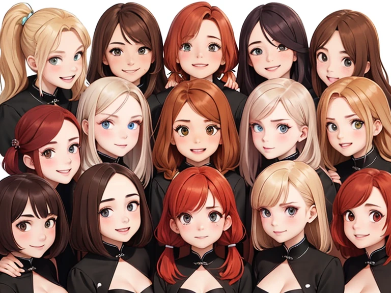 (Best quality, masterpiece), group photo of 8 very different beautiful students, different emotions, different facial expressions, stubborn poses, Different hair colors(among them there is only one redhead, 3 blondes, 2 brown-haired and 2 brunettes), Different hairstyles, different hair lengths, different eye colors, Different physiques, Different breast sizes, (there is definitely 1 flat chested asian brunette + 1 muscular blonde with short hair + 1 long-haired redhead girl + 1 brunette hippie with pigtails + 1 brown-haired with a flat chest + 1 short round brown-haired woman), graduation photo album, beautiful faces, upper body