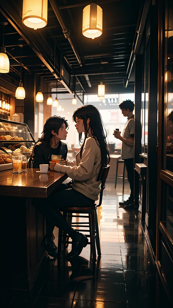 A young couple is sitting inside a cafe. The girl is wearing short clothes. Colorful lights are burning in the cafe. Moody color, Sharpness