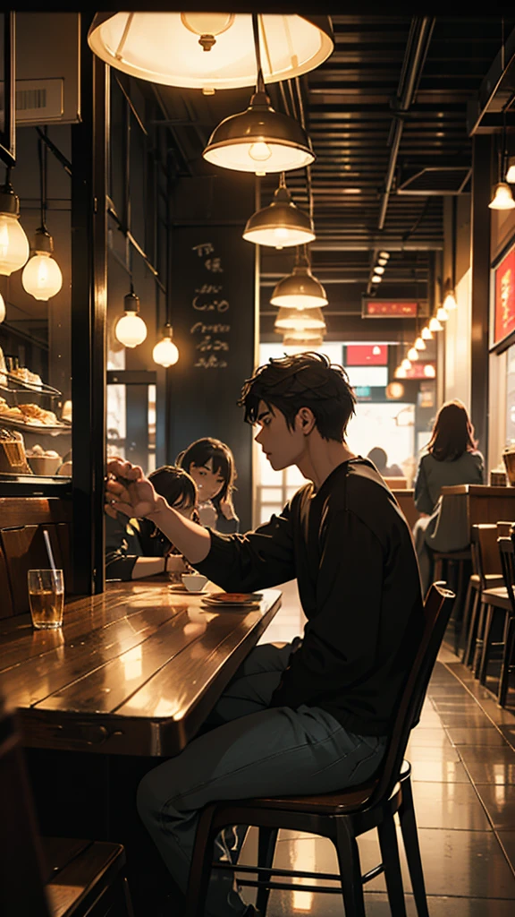 A young couple is sitting inside a cafe. The girl is wearing short clothes. Colorful lights are burning in the cafe. Moody color, Sharpness
