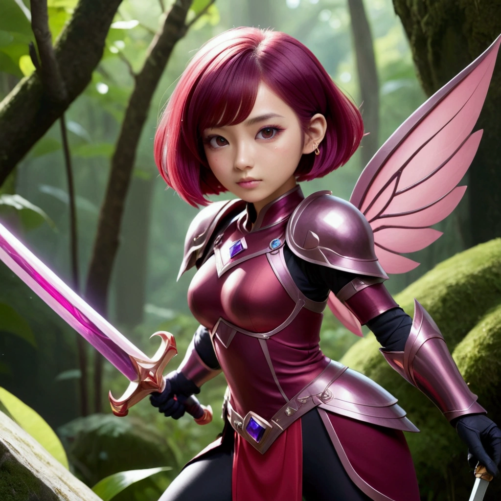 Has short pink hair and purple diamonds on her cheeks、Giant heroic princess, Wearing bright crimson armor、Holds a giant garnet sword, Accompanied by a small male fairy with short black hair, Crimson Wings, Bright red clothing, and shades, Go on an epic adventure