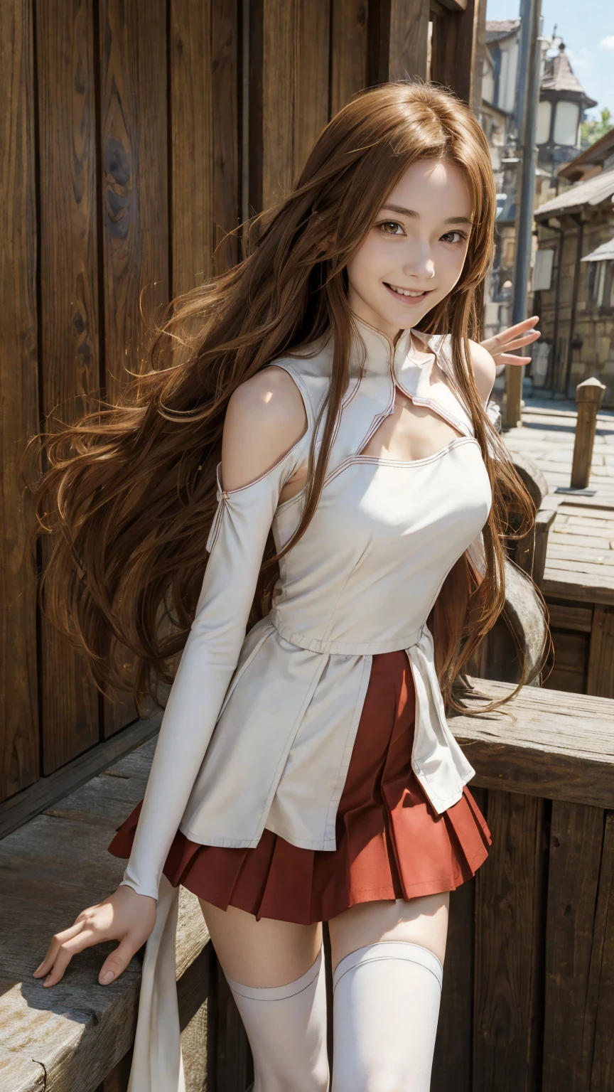 masterpiece, Best quality, a high resolution, aaaasuna, long hair, Brown hair, hair, Brown eyes, bare shoulders, armor, breastplate, white sleeves, cut off sleeves, Red dress, pleated skirt, white knee socks, waving, smile, leaning forward, open mouth, city, Fantasy