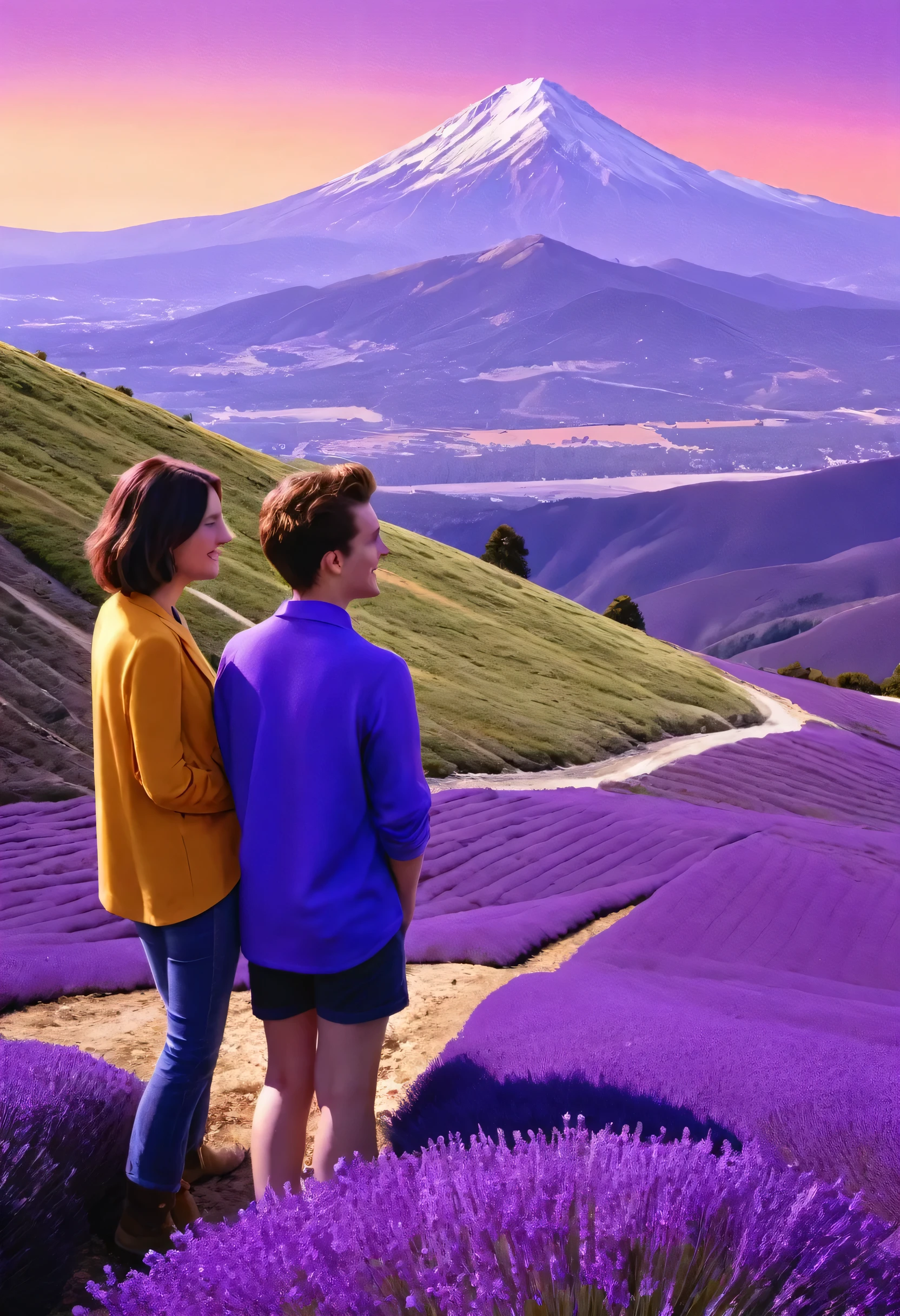 a peaceful conversation on a lavender mountain,2 people talking on a mountain,two people talking on a majestic purple mountain,detailed portrait of two friends enjoying the view on a purple mountain,serene conversation of two people on a lavender mountain, high quality detailed painting of two people talking on a purple mountain, photorealistic digital art of two friends chatting on a lavender mountain, beautiful landscape painting of two people talking on a purple mountain, highly detailed digital illustration of two people in discussion on a lavender mountain, stunning photorealistic scene of two individuals conversing on a purple mountain