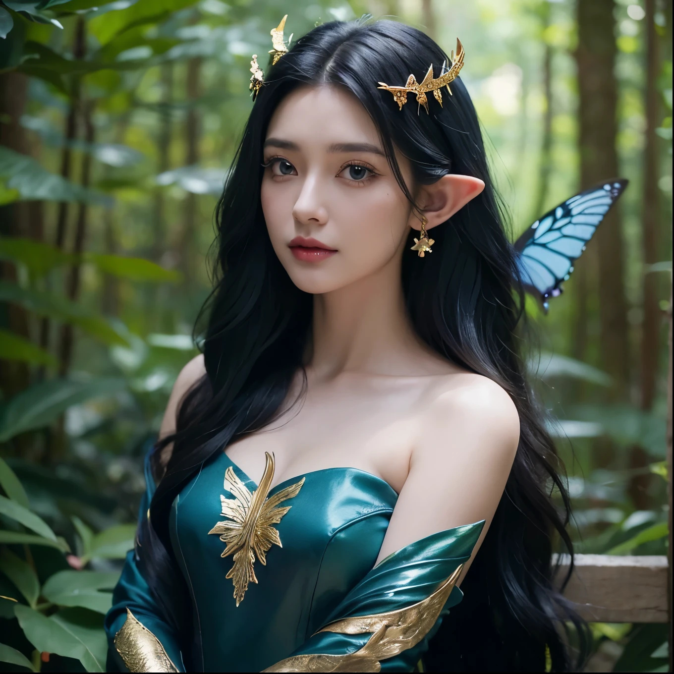 portrait picture Elf woman with long black wavy hair, pointy ears and black eyes, crown of blue flowers, dark blue and violet dress, gold jewelry, long eyelashes, gold butterfly wings, a dark green forest background, flying small fairies and mushrooms around