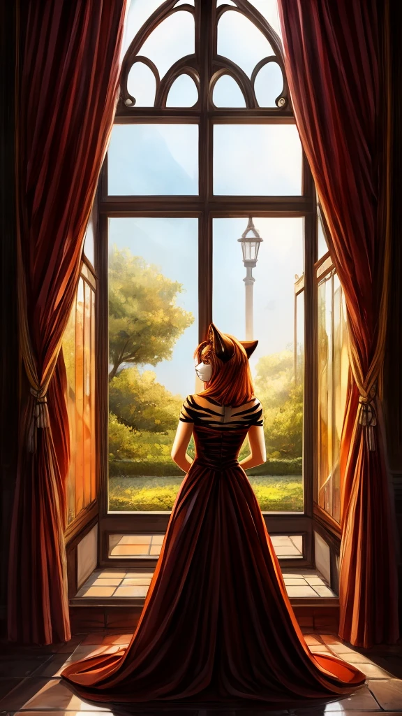 An orange pop singer feline with black stripes and a very large red princess dress sad in the window of a large house