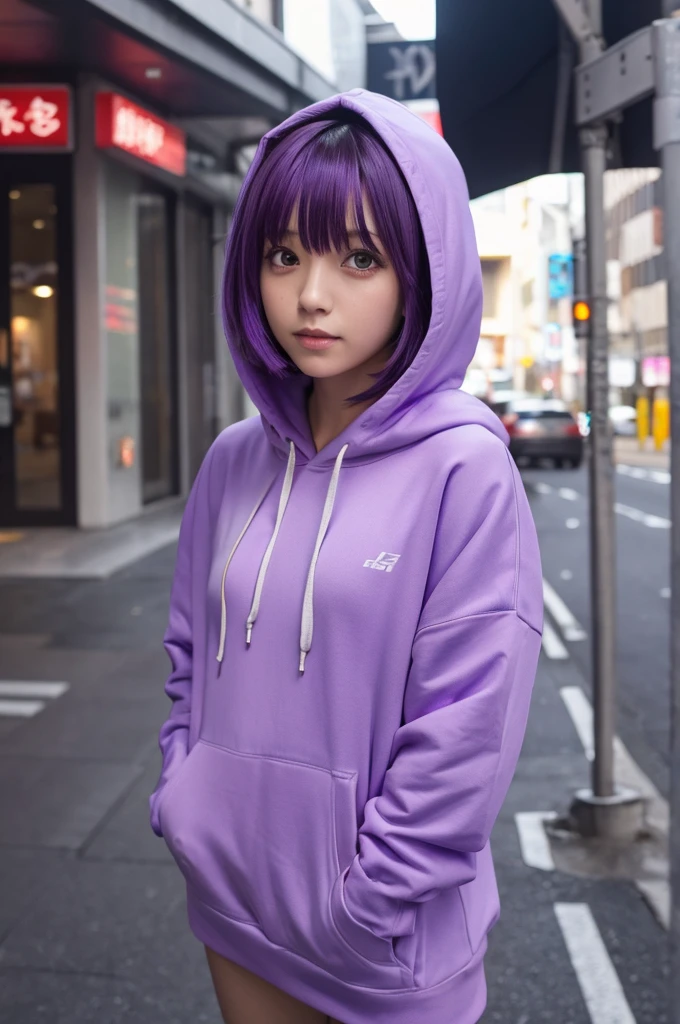 Bangs Bob Short Purple Hair Purple Eyes hoodie hoodieにドクロがある