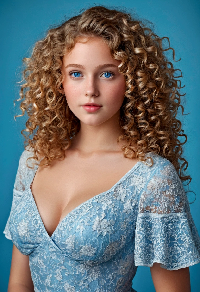"Full body portrait of a charming girl with curly hair, figure, beautiful face, captivating blue eyes, and large bust size, showcasing her natural beauty."
